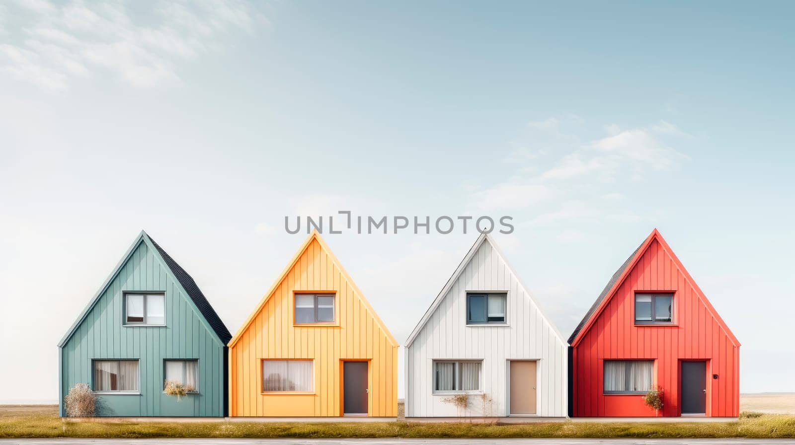 Four simple houses next to each other. Street view of multiple colorful  wooden buildings. AI generated