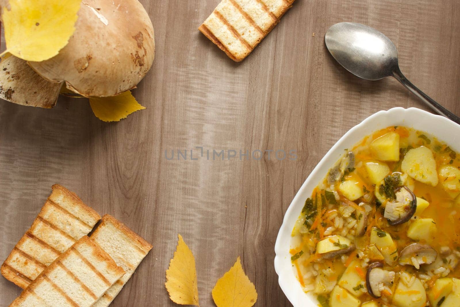 Mushroom soup in a white bowl on a beige background