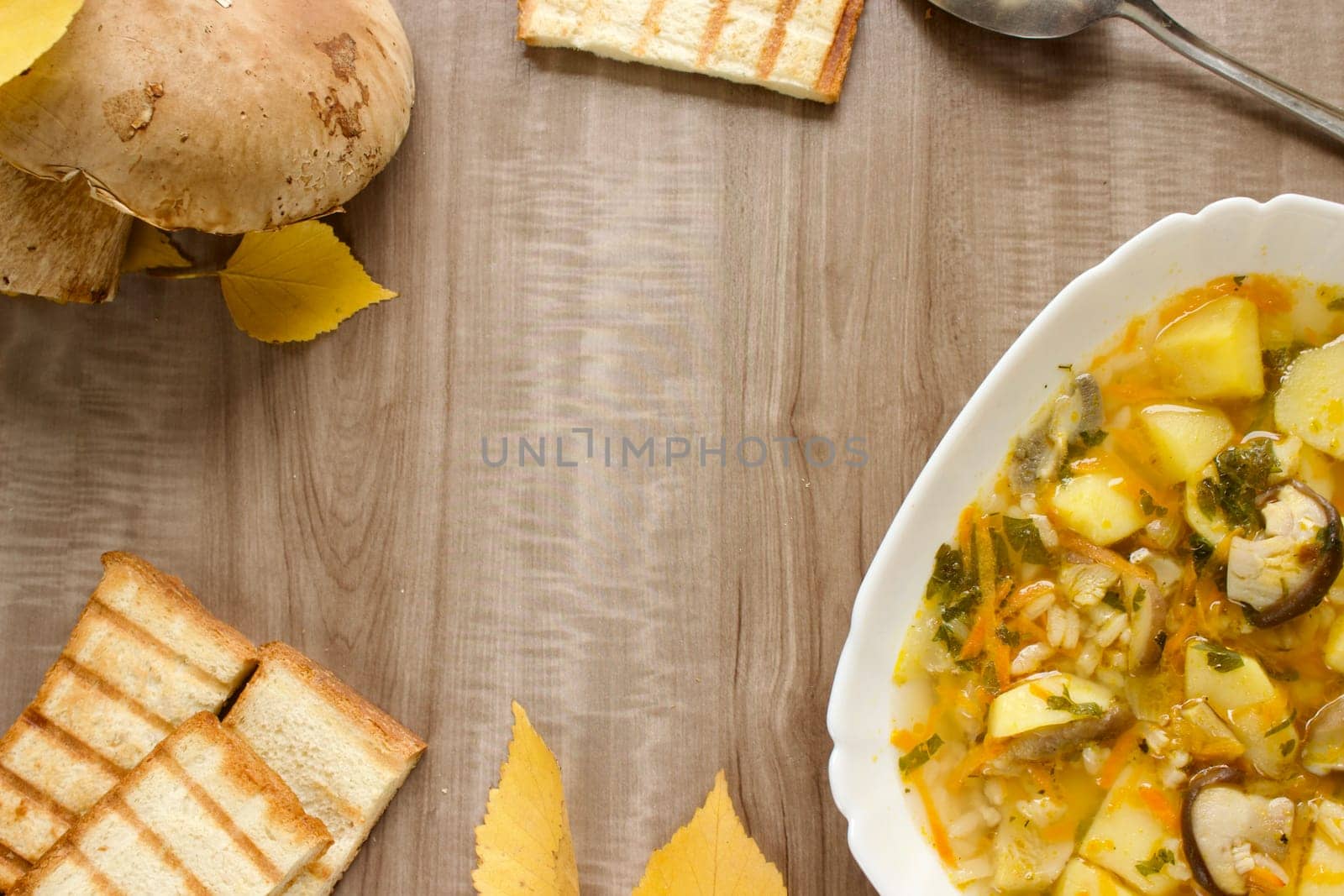 Mushroom soup in a white bowl on a beige background
