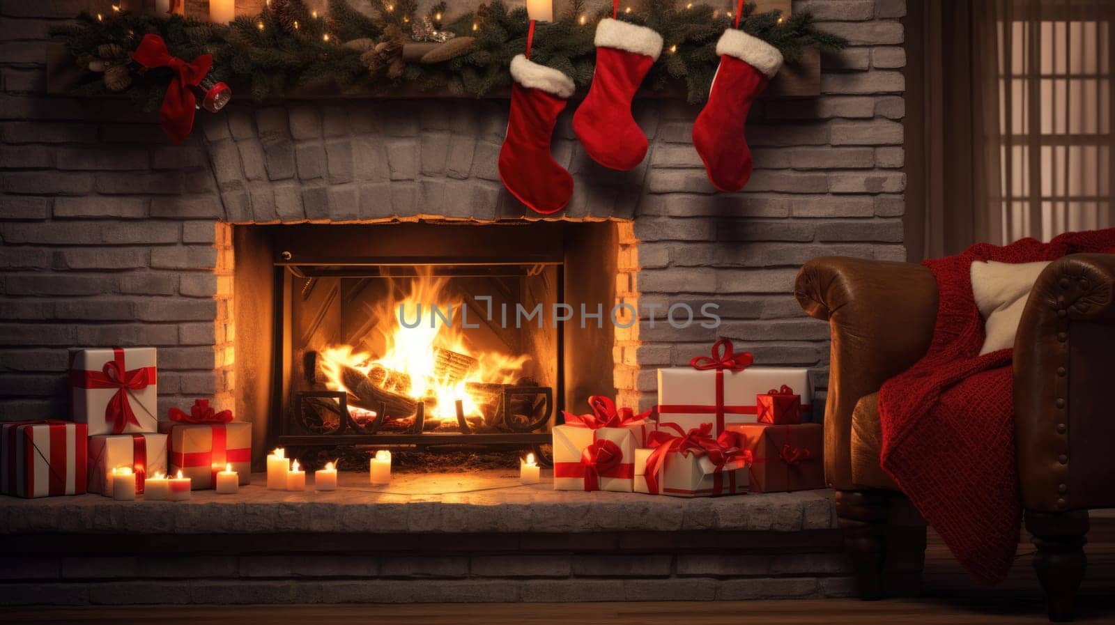holiday fireplace with christmas tree xmas presents gift, ai