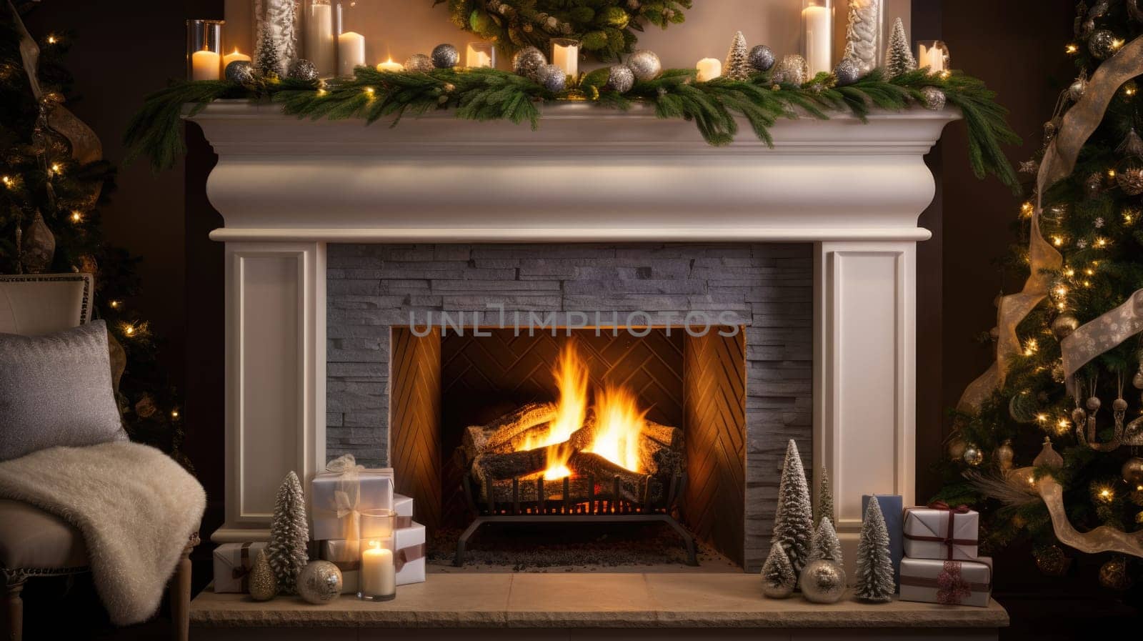 holiday fireplace with christmas tree xmas presents gift, ai