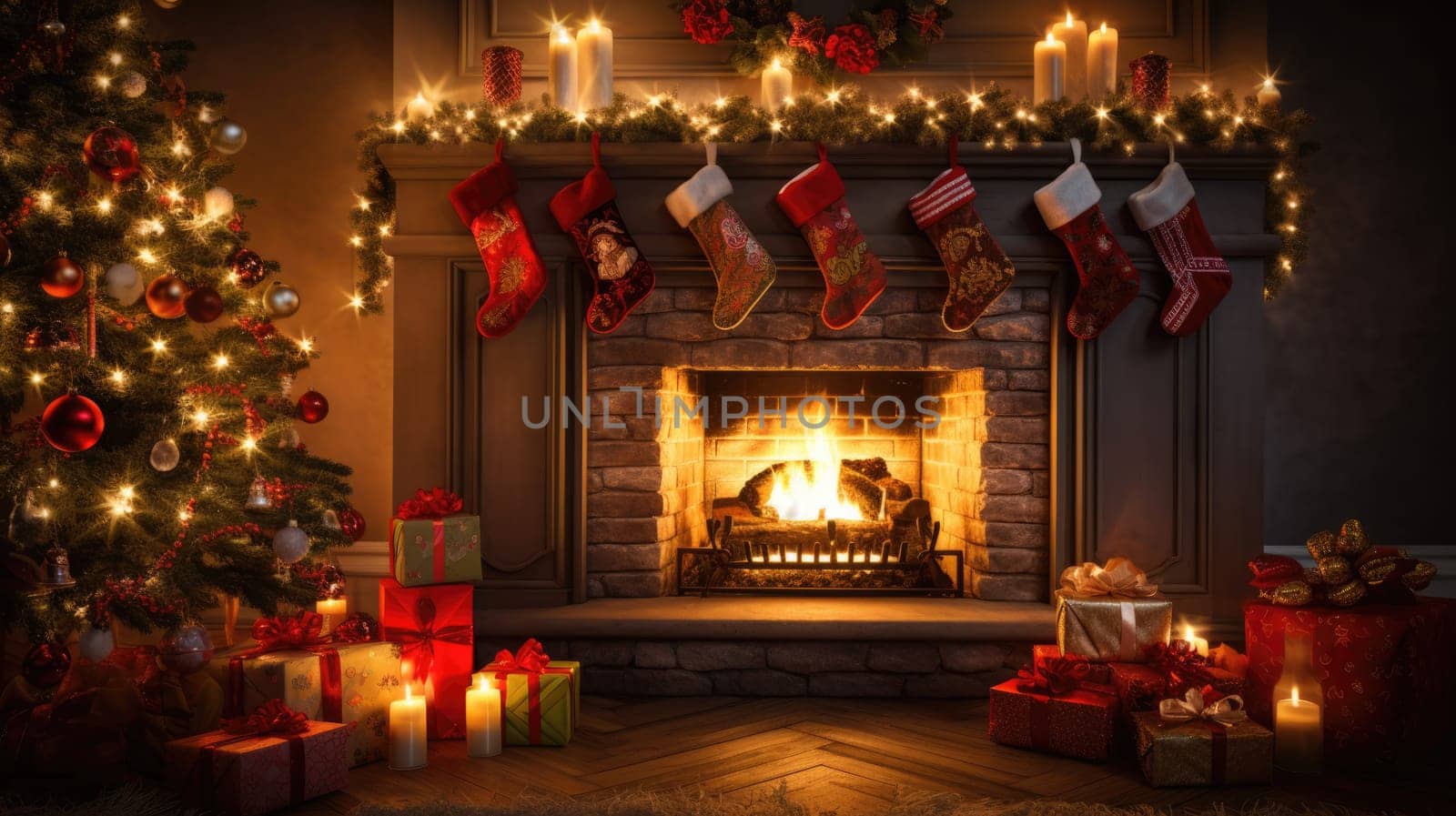 holiday fireplace with christmas tree xmas presents gift, ai