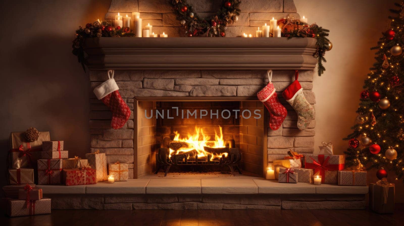 holiday fireplace with christmas tree xmas presents gift, ai