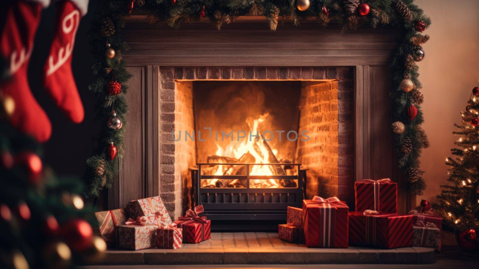 holiday fireplace with christmas tree xmas presents gift, ai