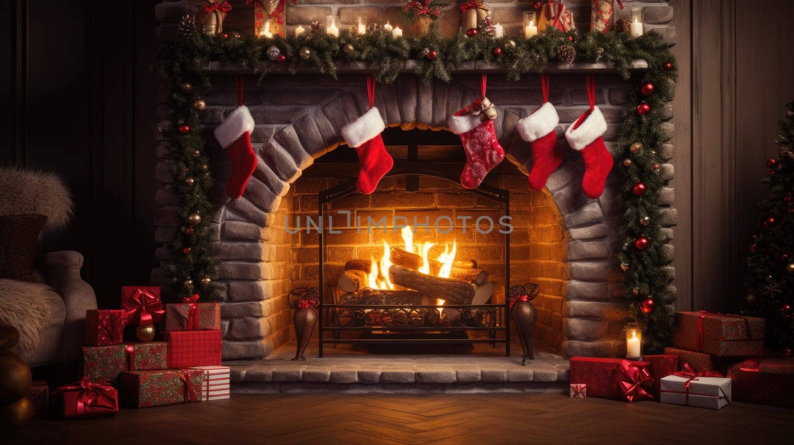 holiday fireplace with christmas tree xmas presents gift, ai