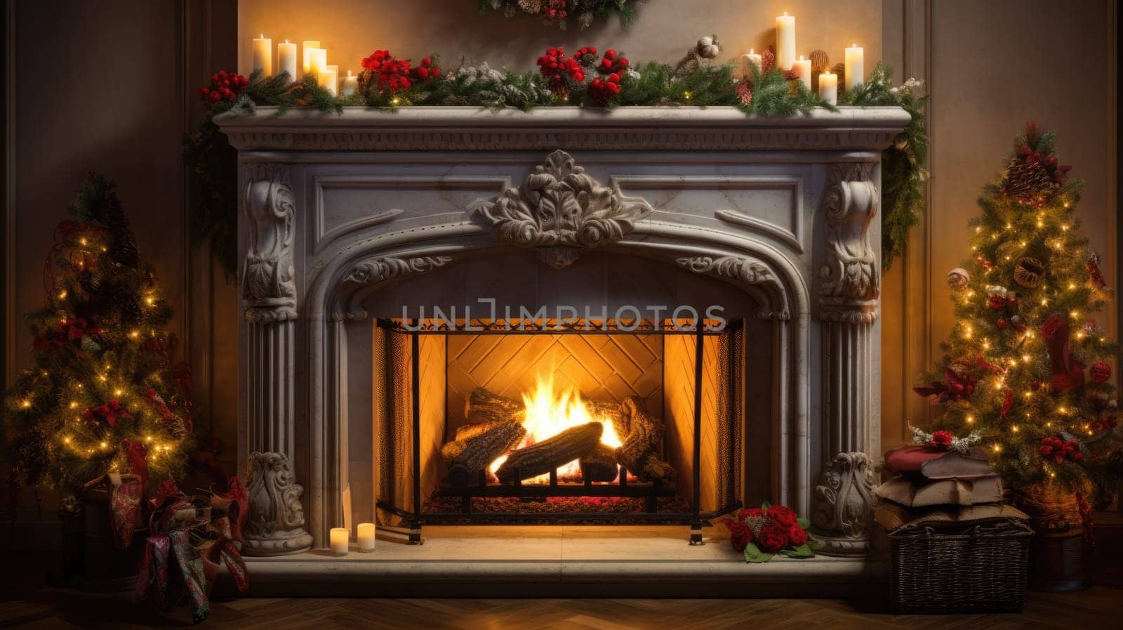 holiday fireplace with christmas tree xmas presents gift, ai