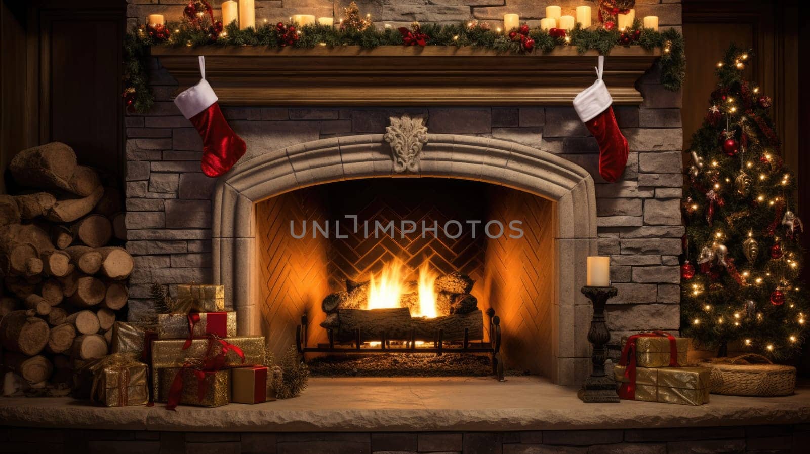 holiday fireplace with christmas tree xmas presents gift, ai