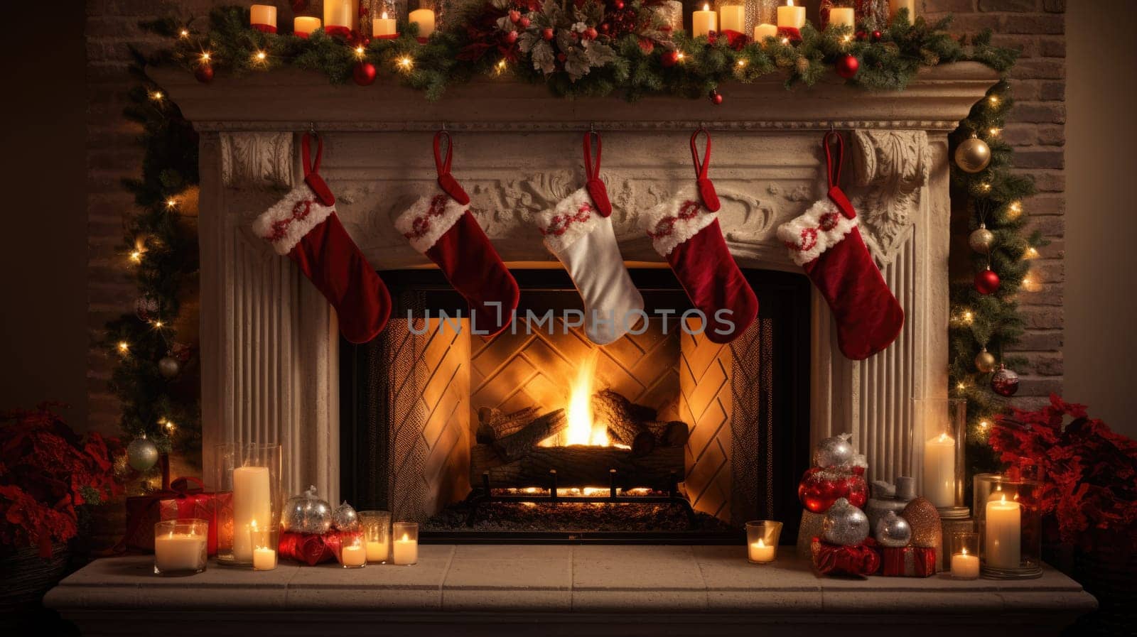 holiday fireplace with christmas tree xmas presents gift, ai