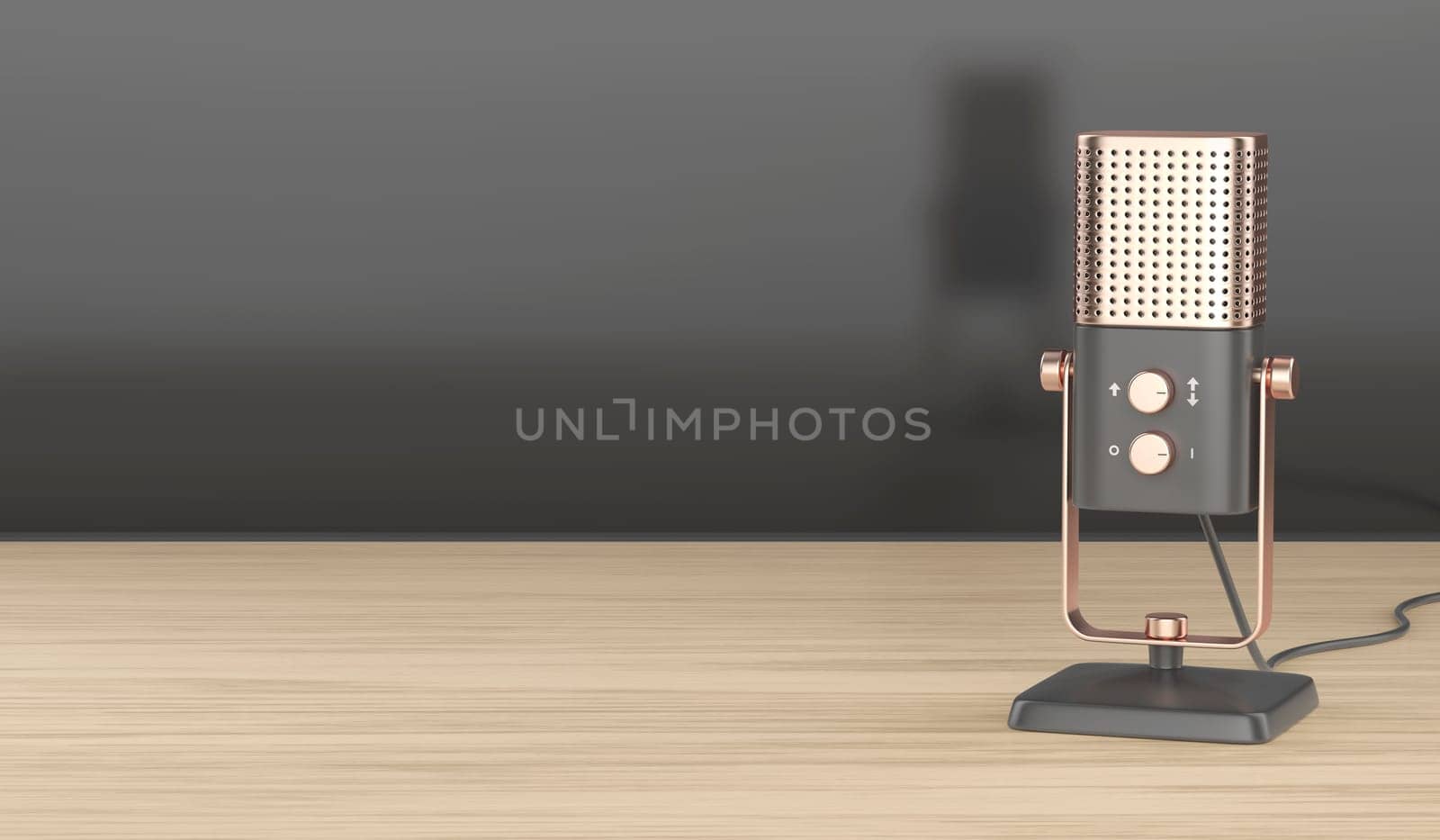 Modern studio microphone on wooden desk