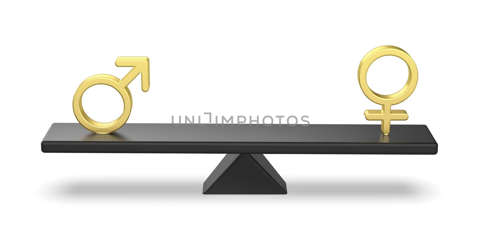 Female and male gender signs on seesaw, concept image for balance between genders
