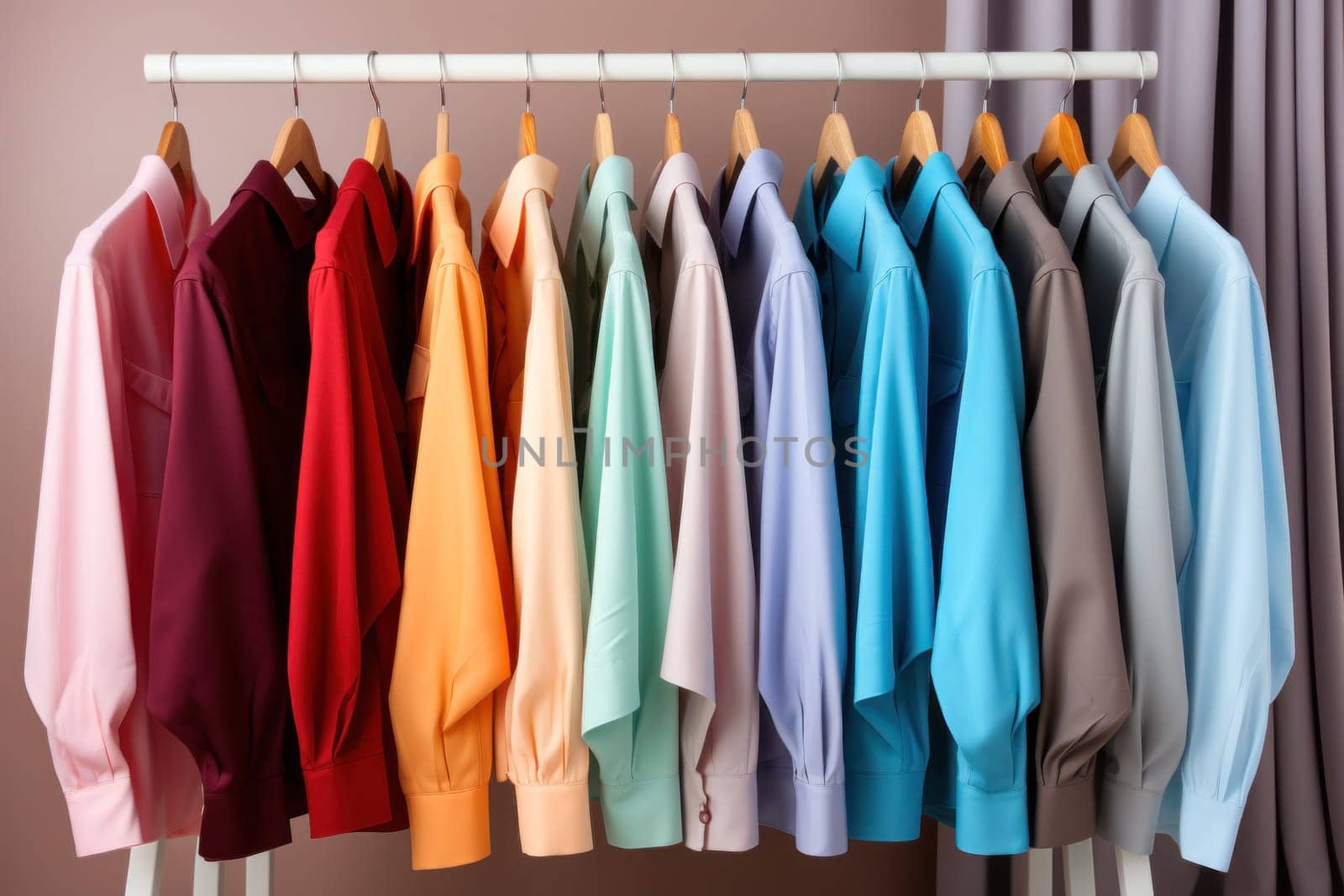 A variety of bright shirts in rainbow colors on hangers in a clothing store. concept for retail or smart consumption.
