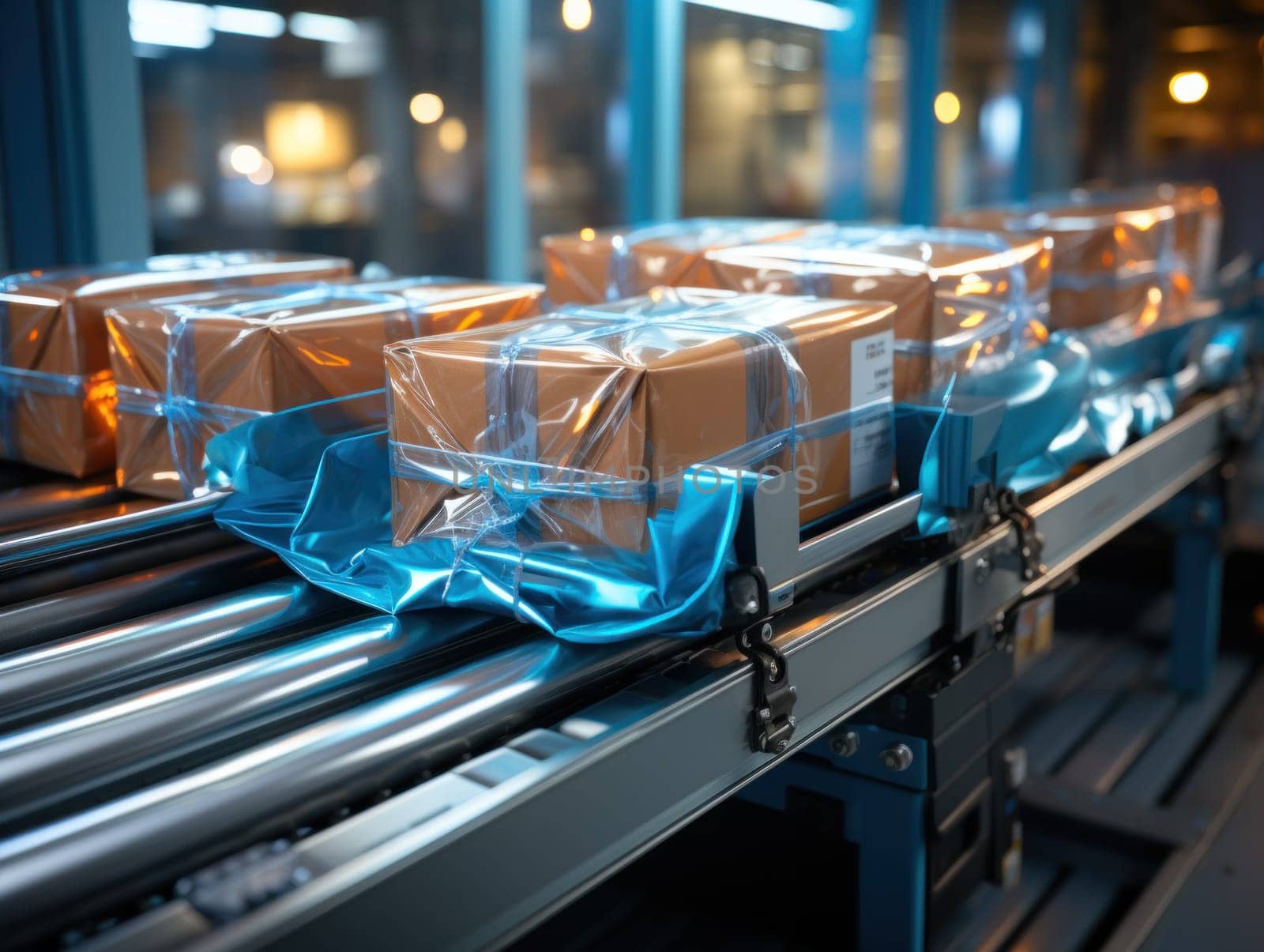 Cardboard boxes wrapped in protective plastic film move smoothly along a conveyor belt in a warehouse fulfillment center. concept of e-commerce, delivery, automation and logistics.