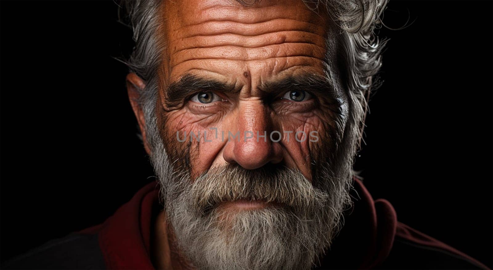 close-up portrait of a gray-haired bearded elderly man with deep wrinkles on a black background. free space for text