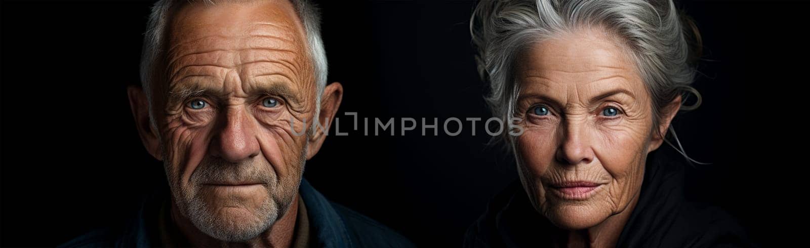 close-up portrait of a gray bearded man and a gray-haired woman with deep wrinkles on a black background. banner, free space for text.
