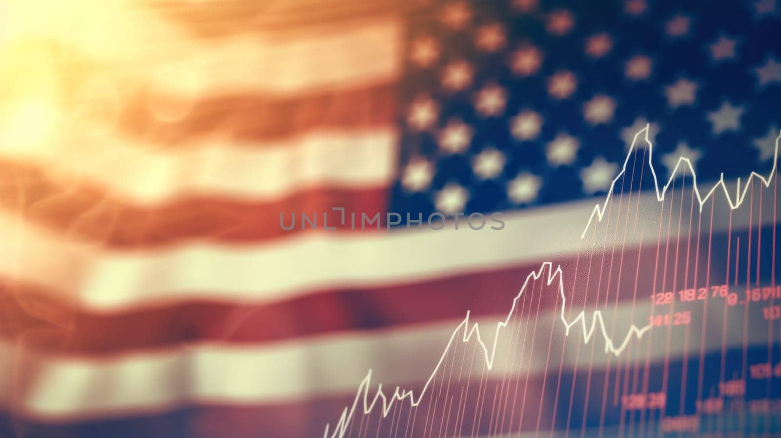 Abstract hologram of virtual financial chart on USA flag, financial, economic and investment concept. Multiple exposure