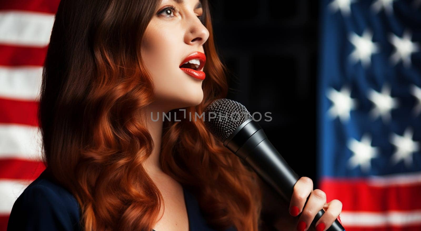 Woman leader standing giving speech in front of microphone and audience on stage in public with American flag background.close up portrait.