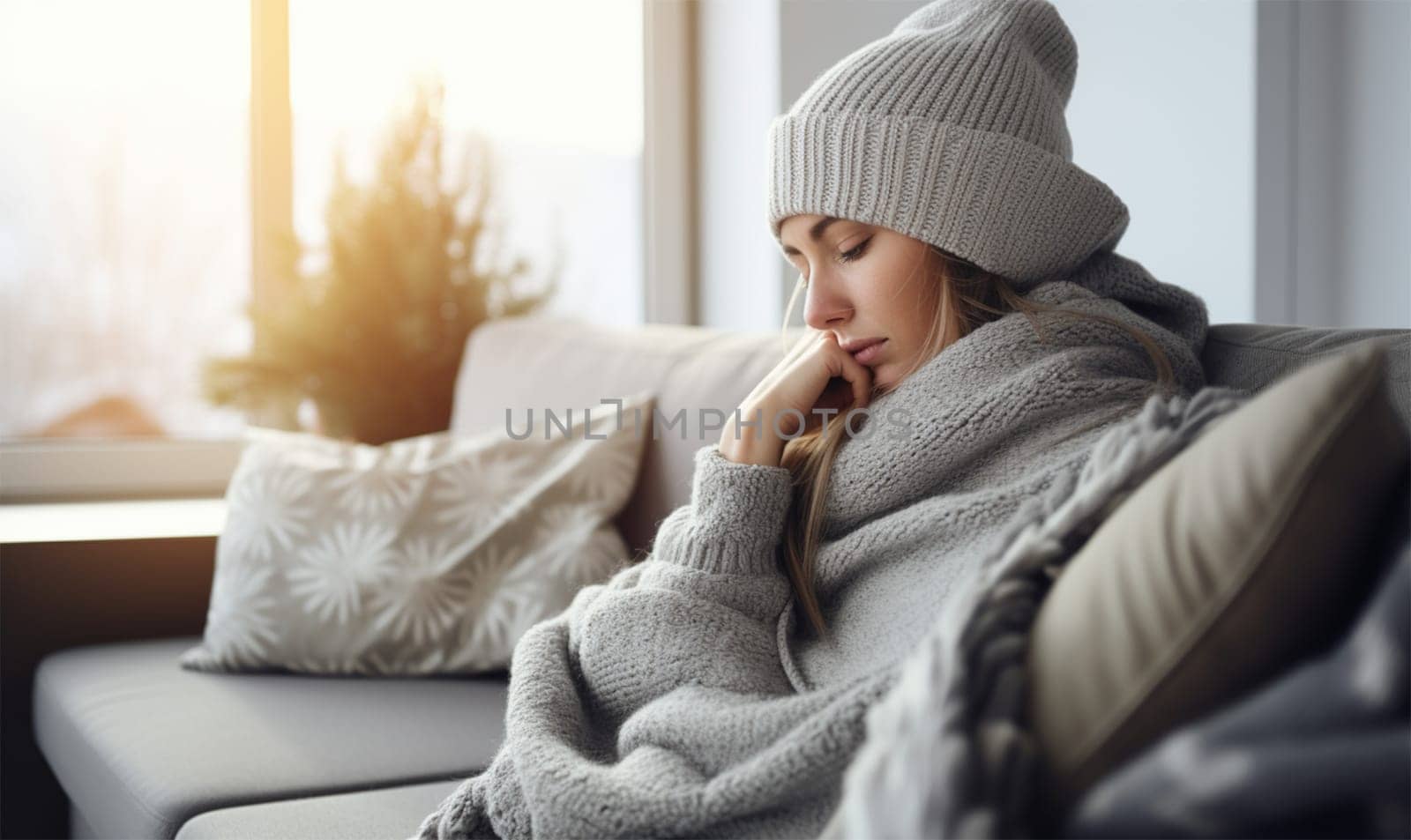 a young woman wearing a hat and blanket is trying to keep warm on the sofa in the apartment. Concept of heating and cost of housing services.