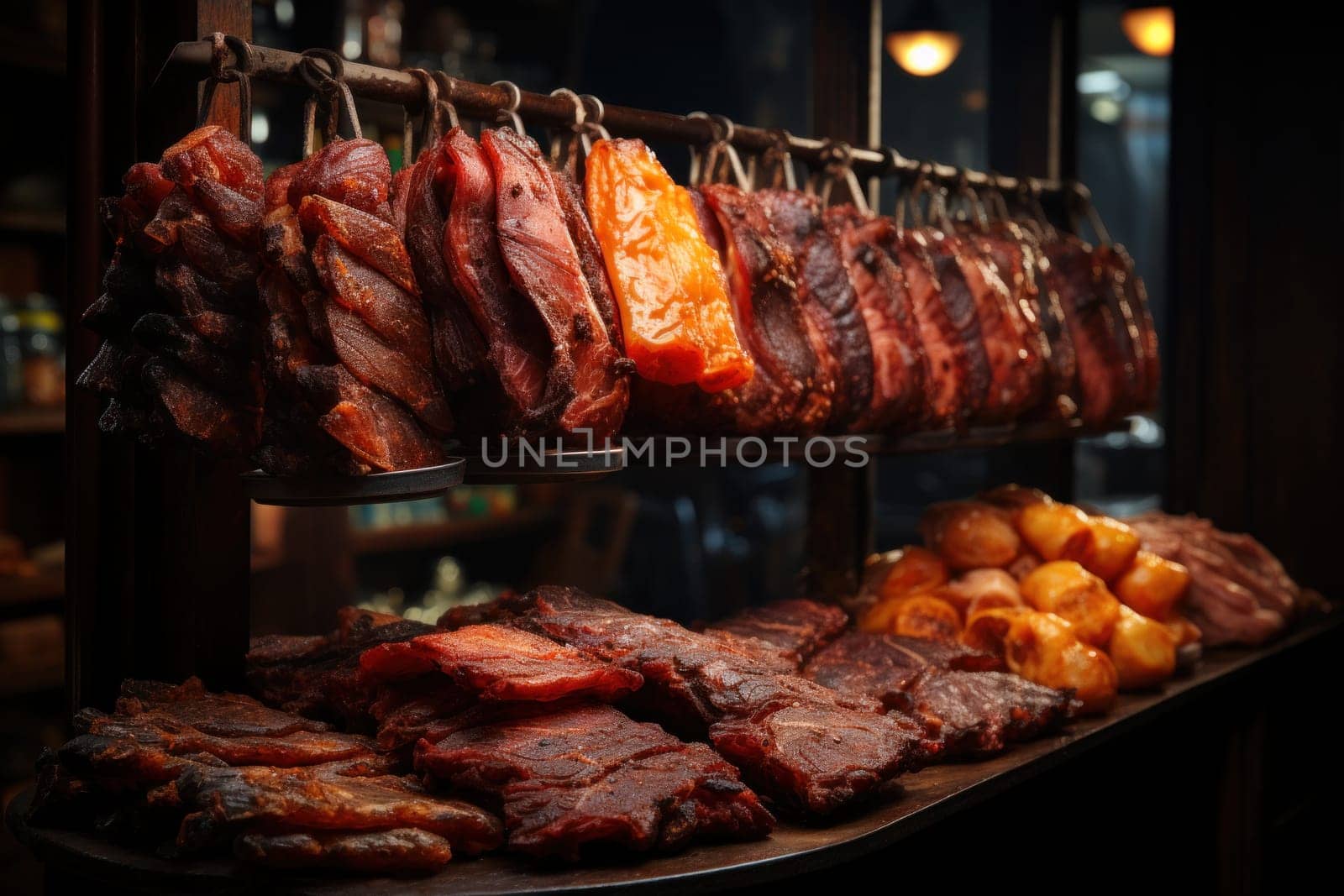 Large pieces of juicy smoked meat of different varieties hang and lie on the counter of a farmers market