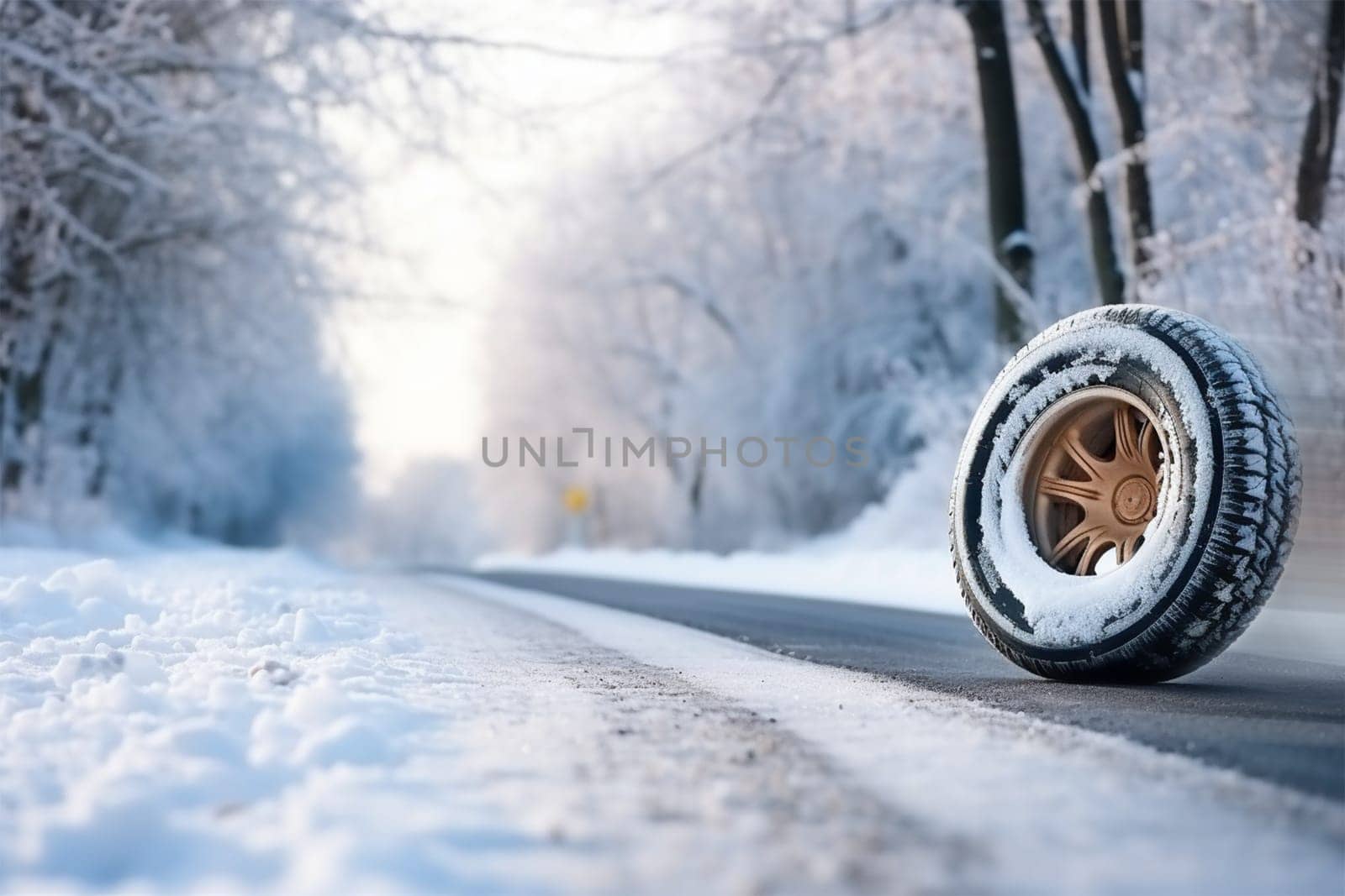 A car wheel with winter tires in a snowdrift against the backdrop of a snow-covered road and forest. Free space for text.