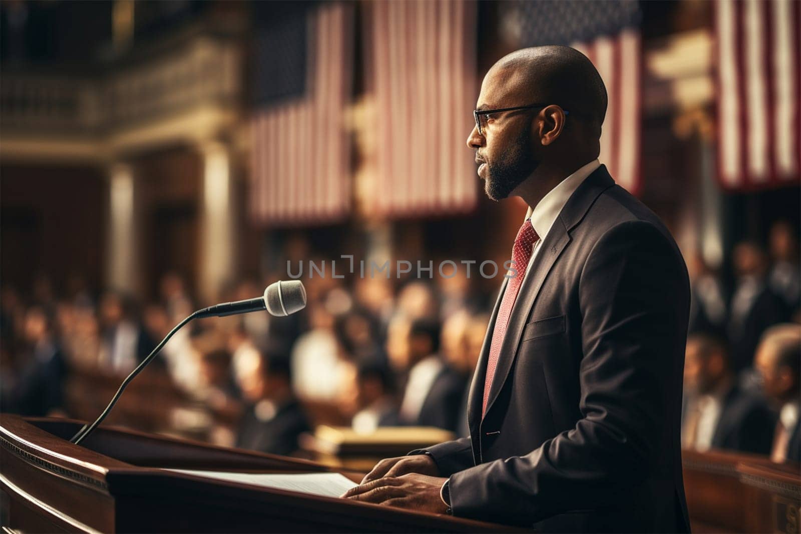 African American politician at a microphone giving a speech at a conference or meeting.