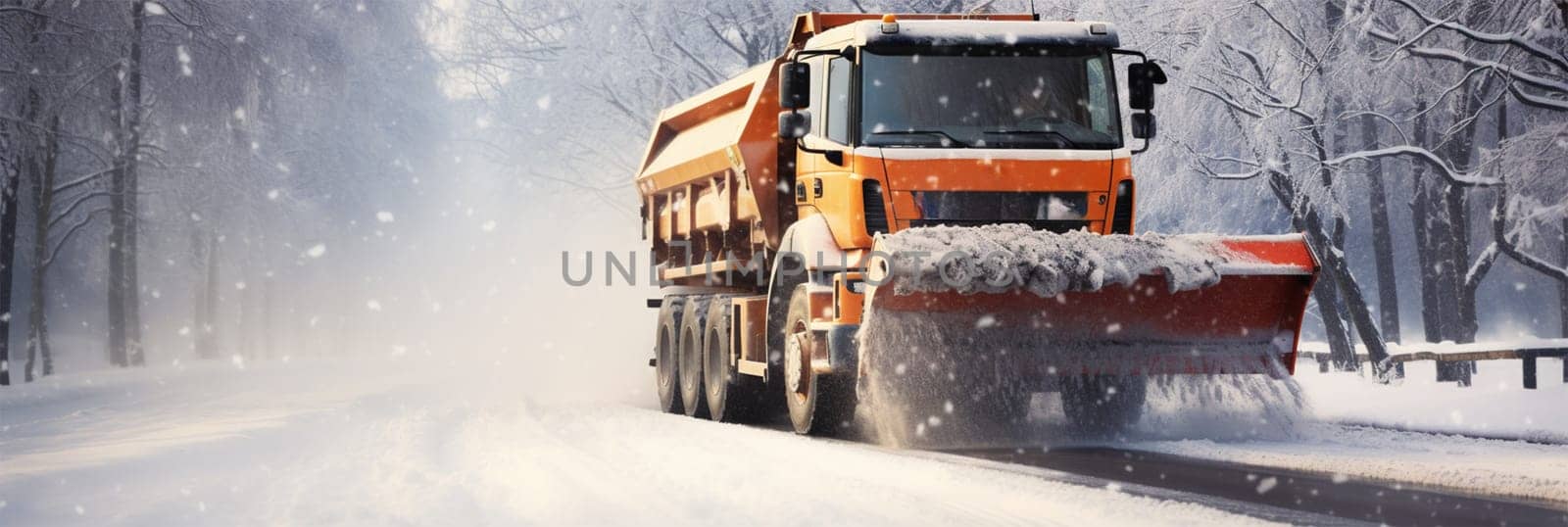 A snowplow removes snow from the road during a winter snowstorm or after a snowfall. The work of city services during a snowstorm and snow removal