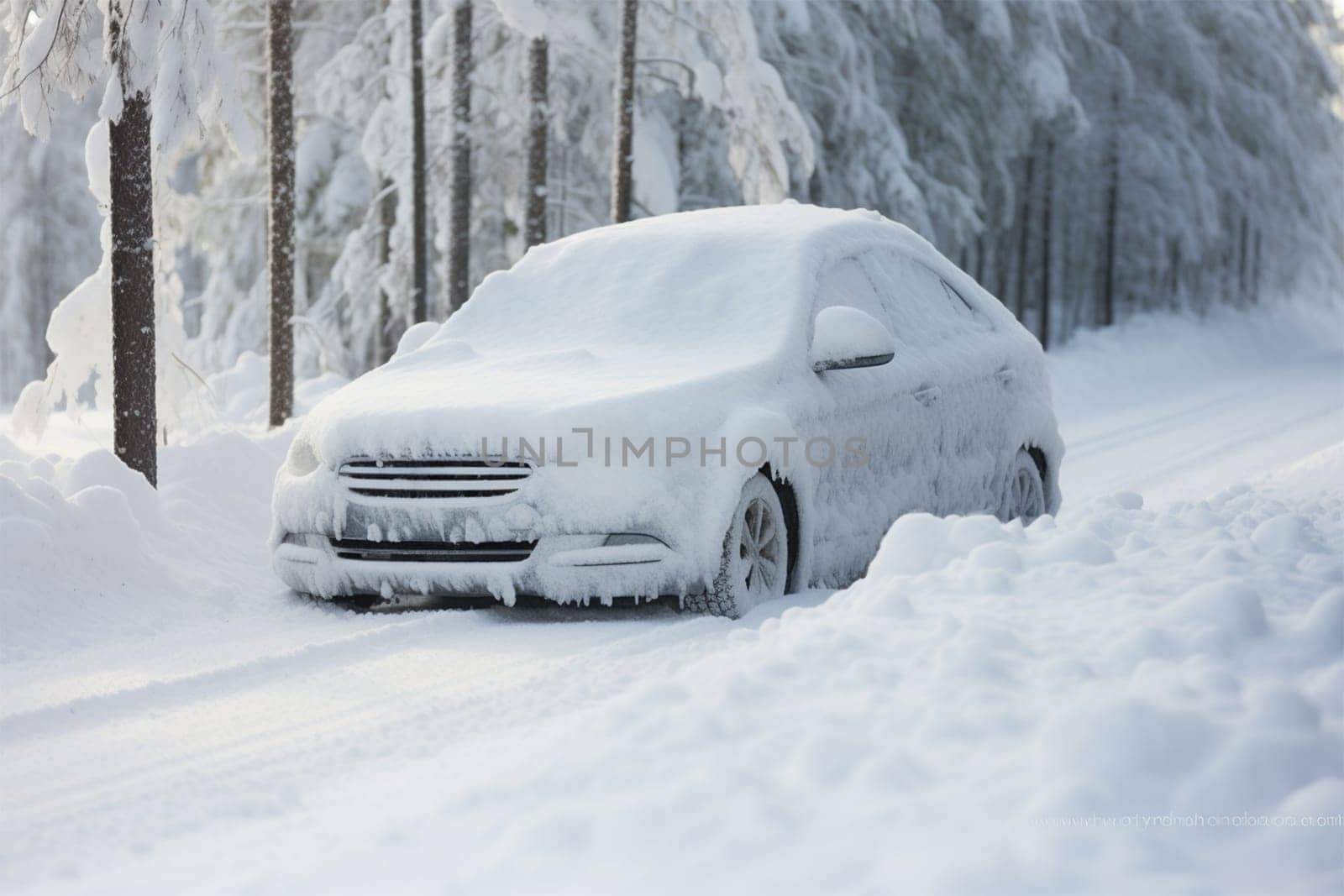 a snow-covered car covered with snow stands on the road after a snowfall.snow-covered roads