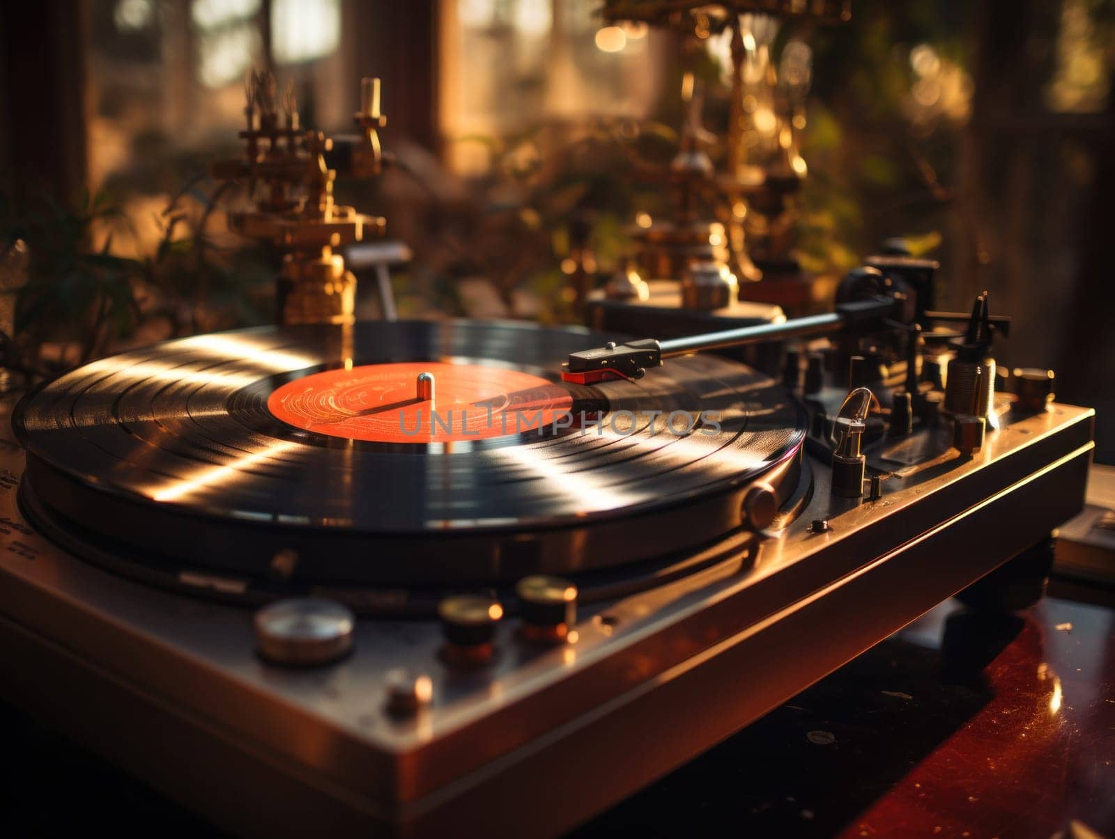 vintage record player, While playing the record, Black platter.