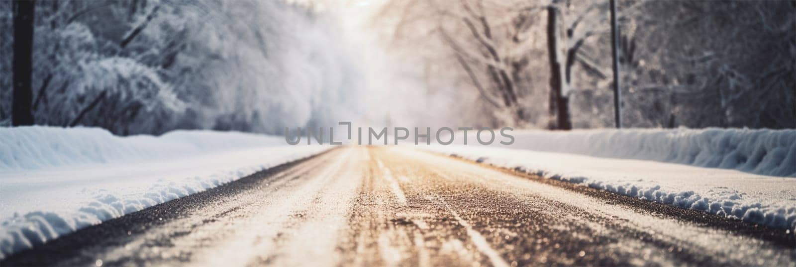 Road in the snow between snow-covered parts of the forest. banner, free space for text