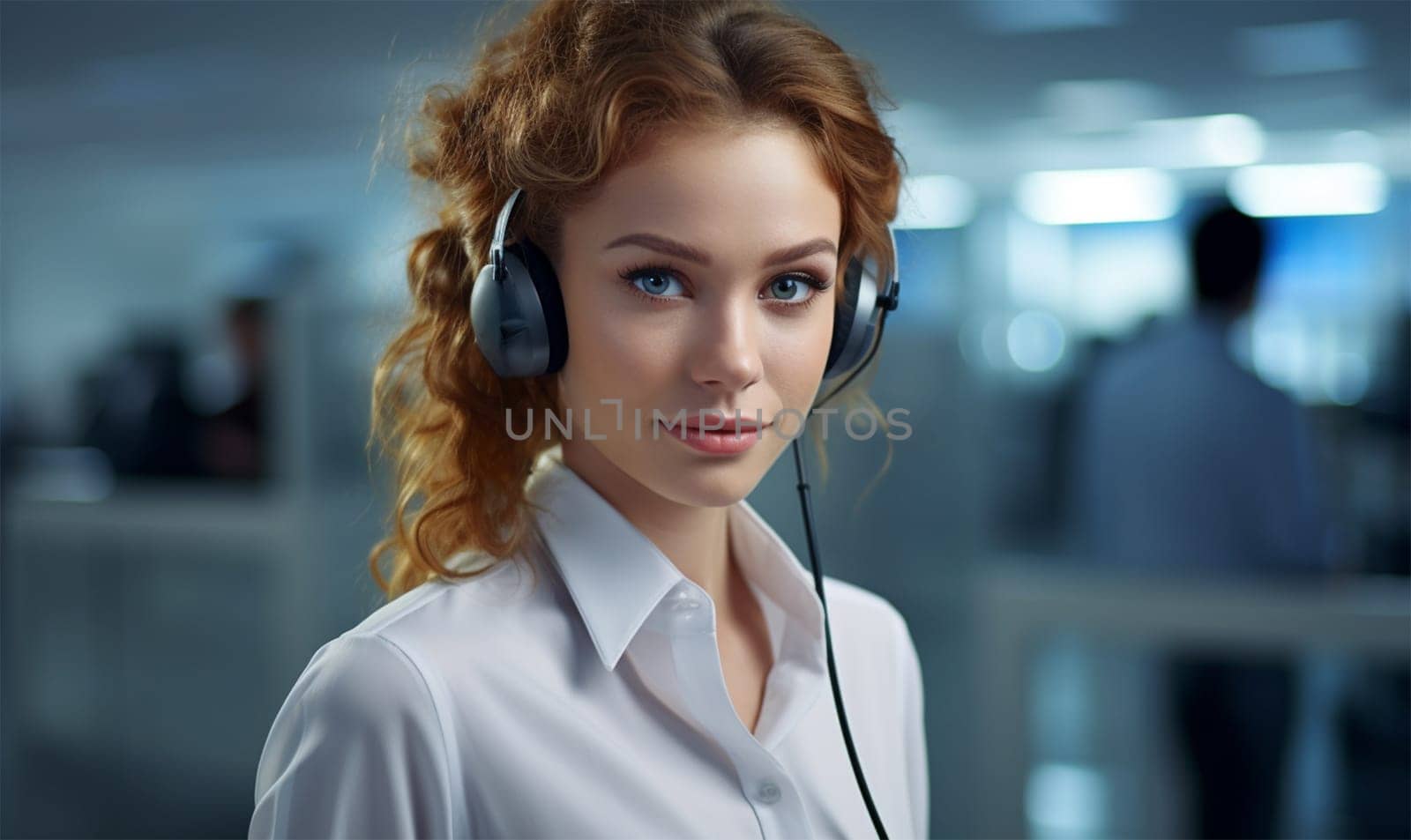 a young woman in headphones is a call center operator. Telephone support and assistance concept, telephone assistant