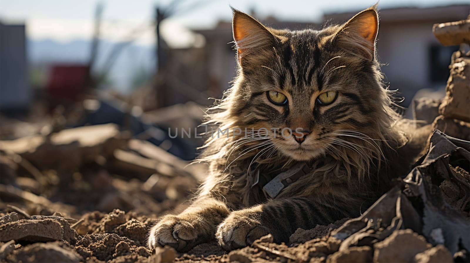 cat On the ruins of a house destroyed by natural disasters or military actions.
