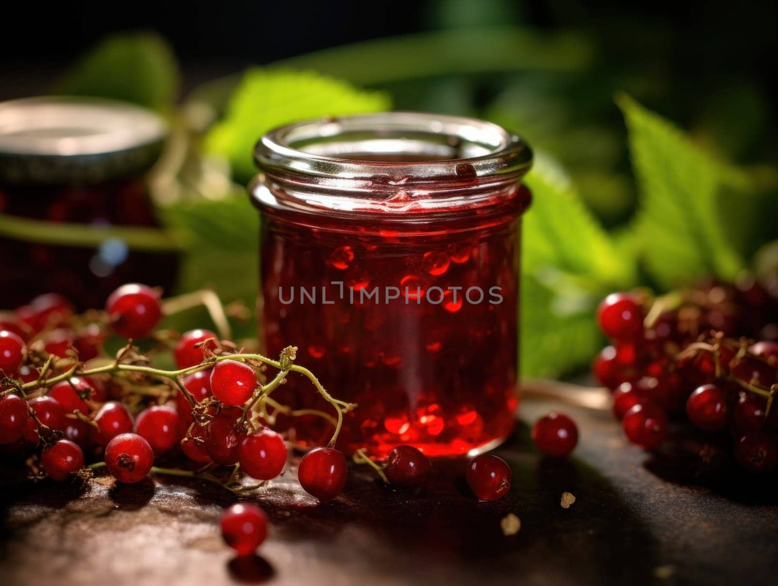 jar with red currant jam surrounded by fresh red currant with leaves.