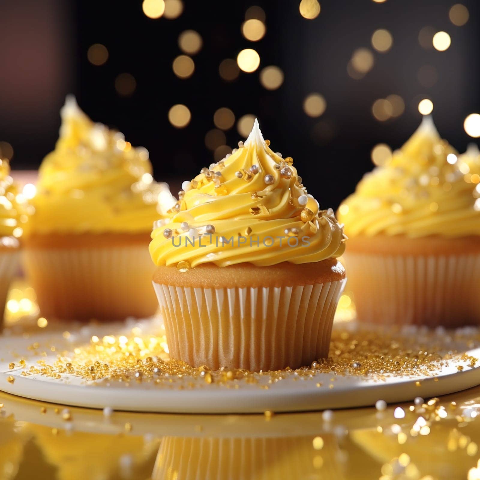 Close-up Delicious appetizing yellow cupcakes with lots of cream and sprinkles.