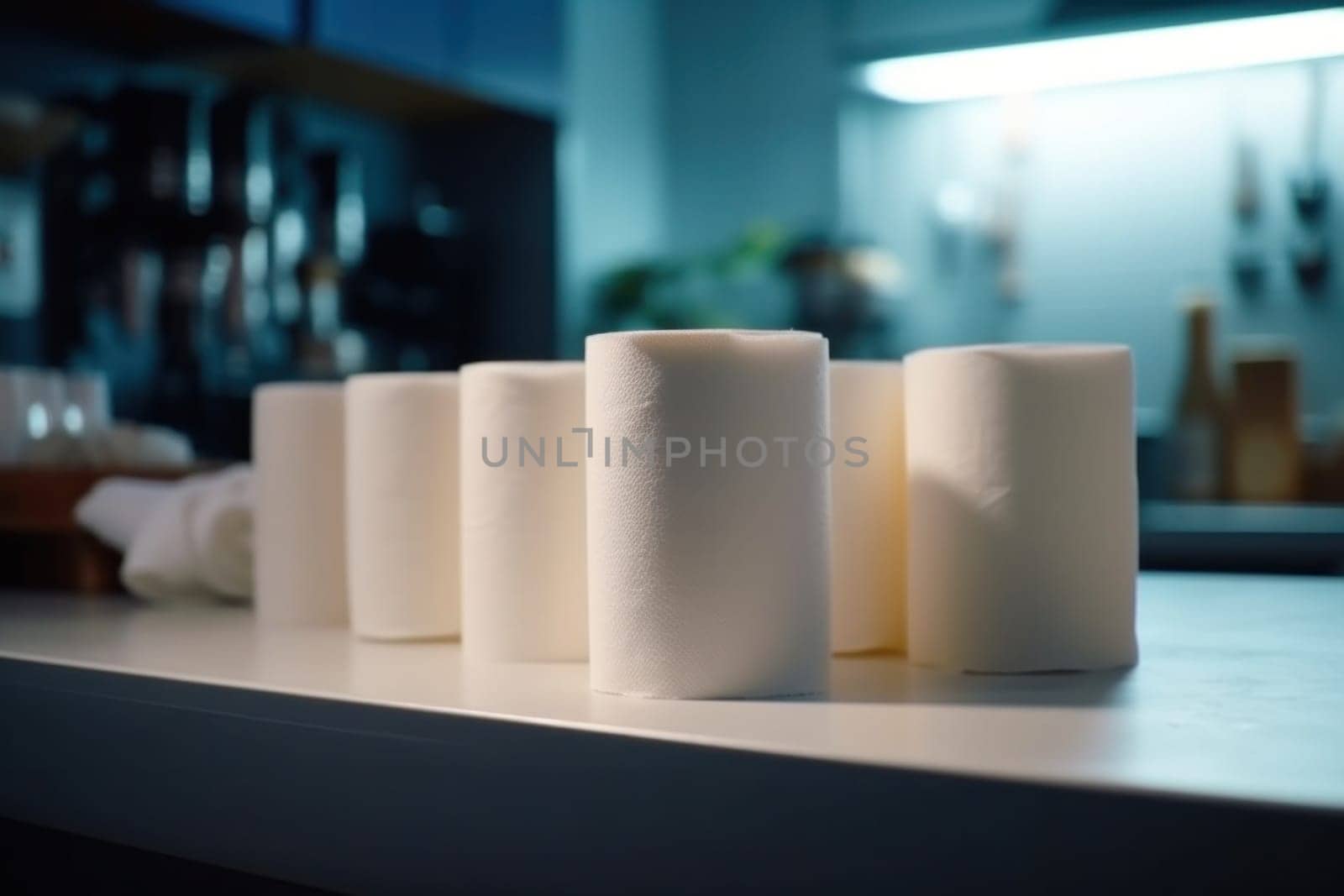 several rolls of paper towels lie on the table in the kitchen.