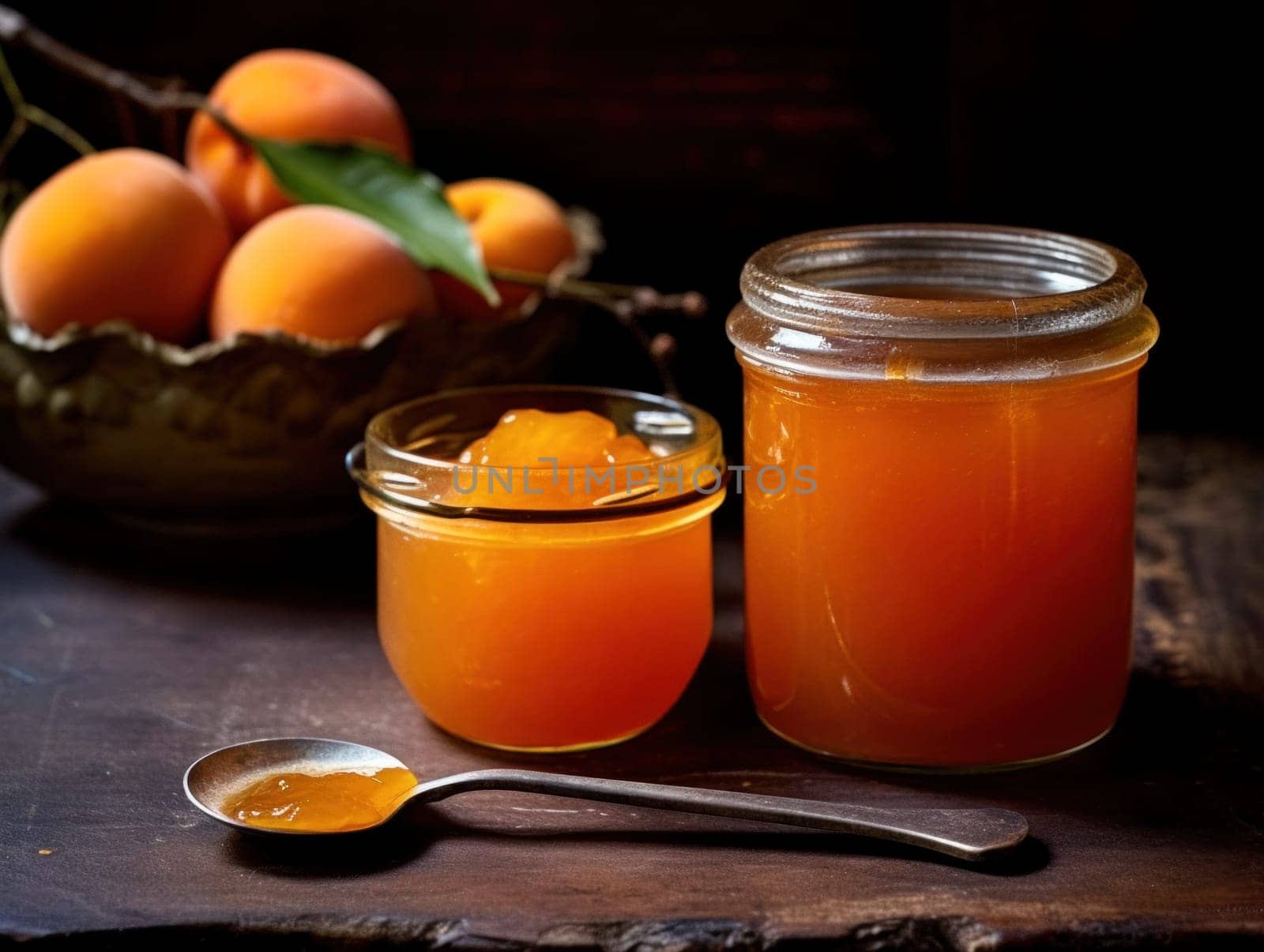 A Jar Of Apricot Jam On A Wooden Background.