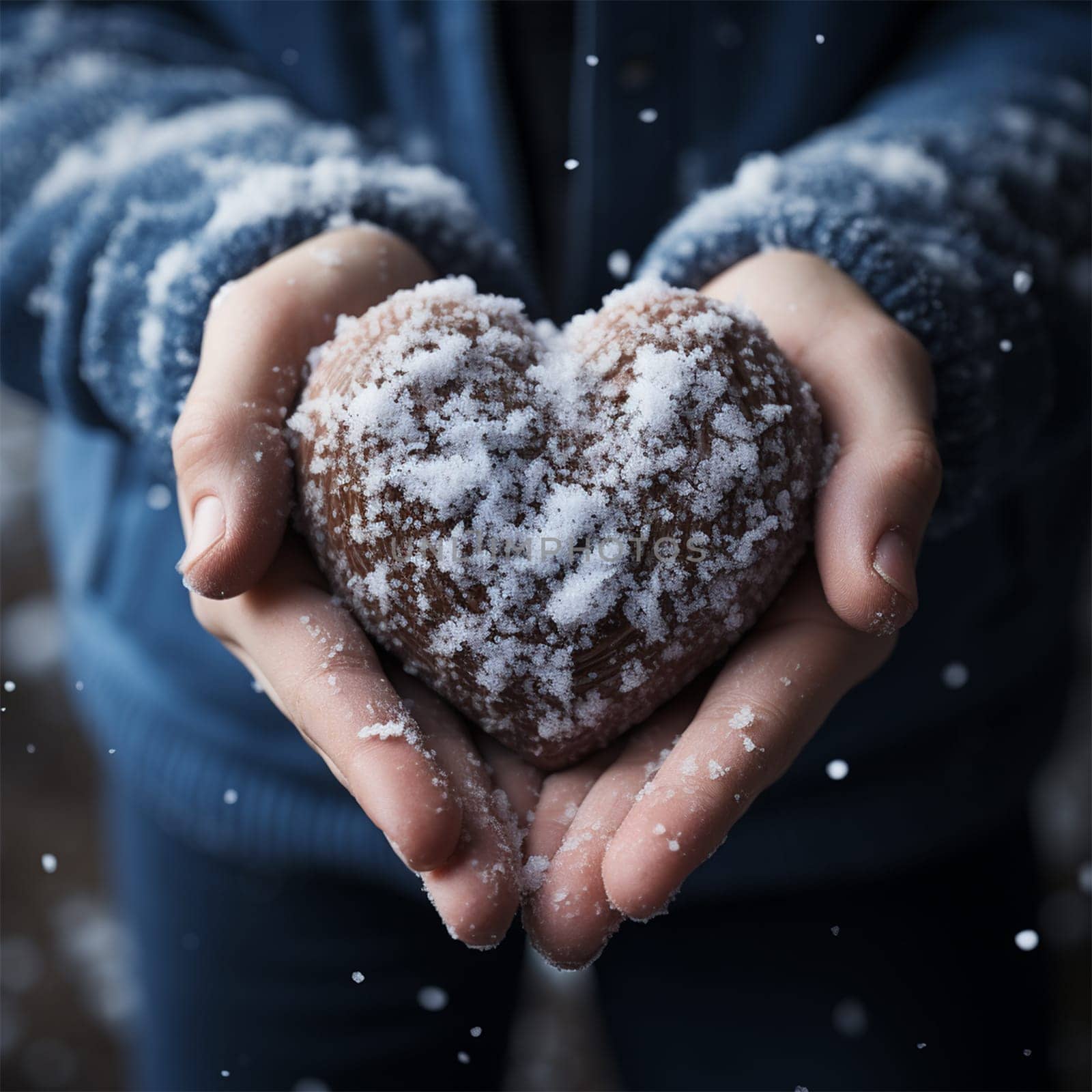 hands holding a gingerbread heart on Valentine's Day in winter outdoors. heart in palms covered with snow