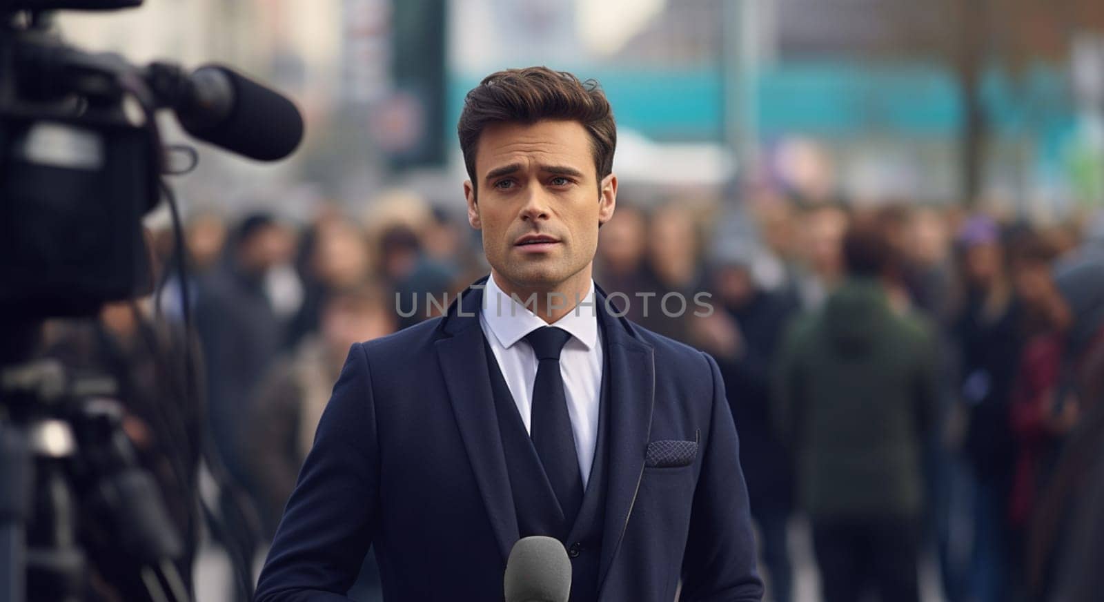 stylish male breaking news reporter in front of television camera or covering live news media and television press headlines standing in the middle of the street with microphone