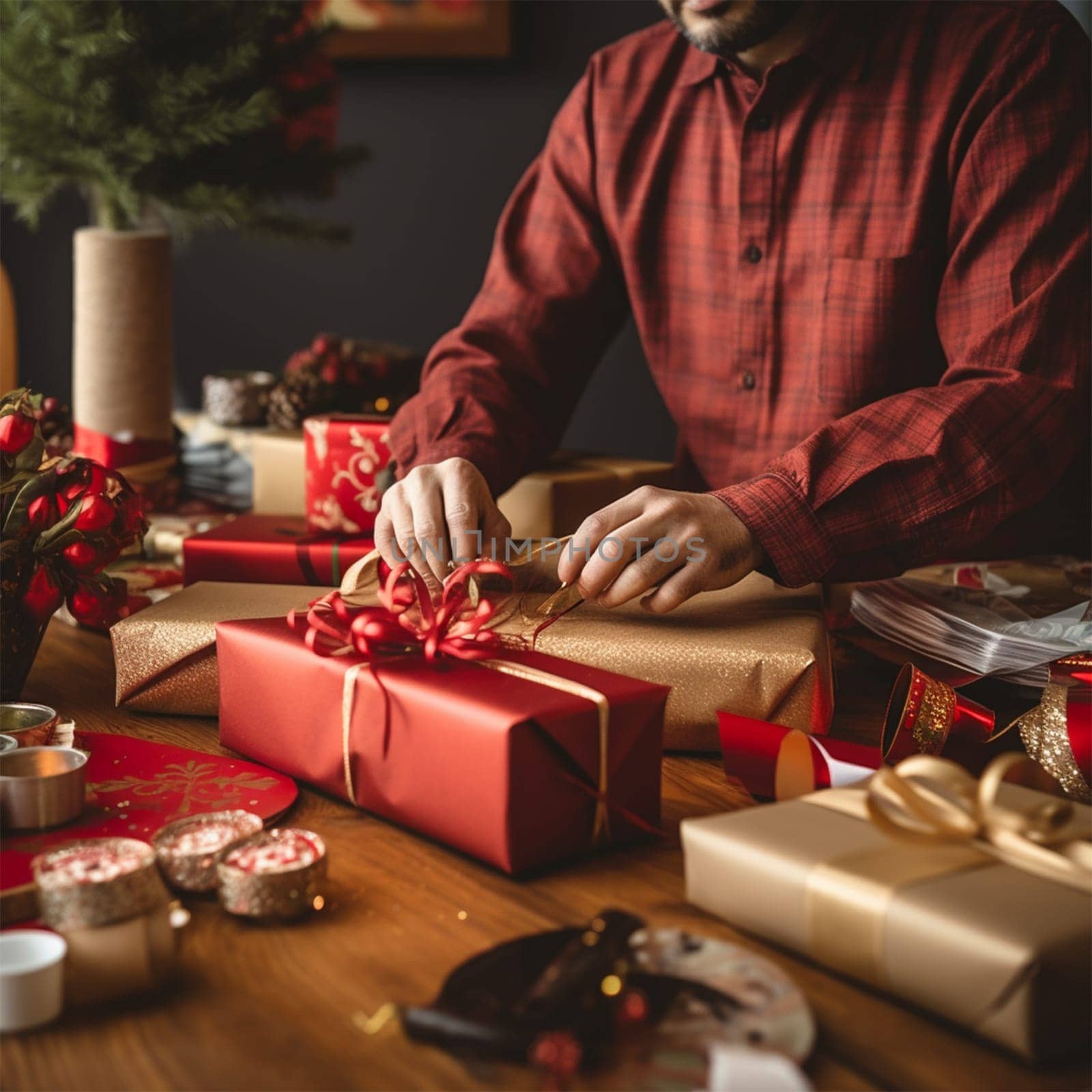 An unrecognizable man wraps Christmas gifts in craft paper and ties them with ribbons.