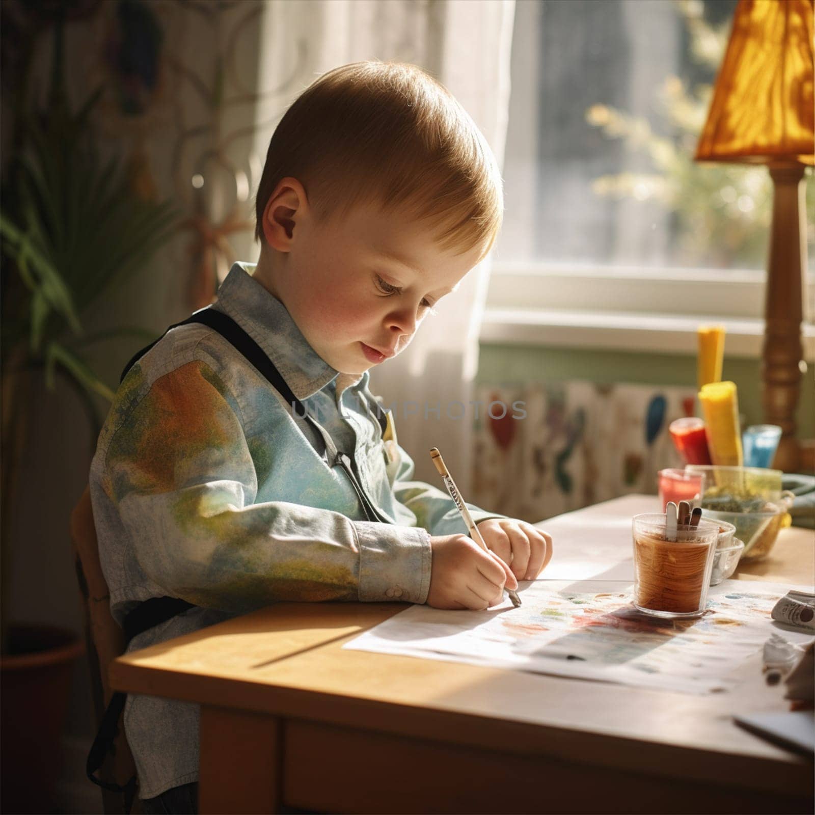 A little boy with Down syndrome draws at the table, learning a new skill. Social integration concept.