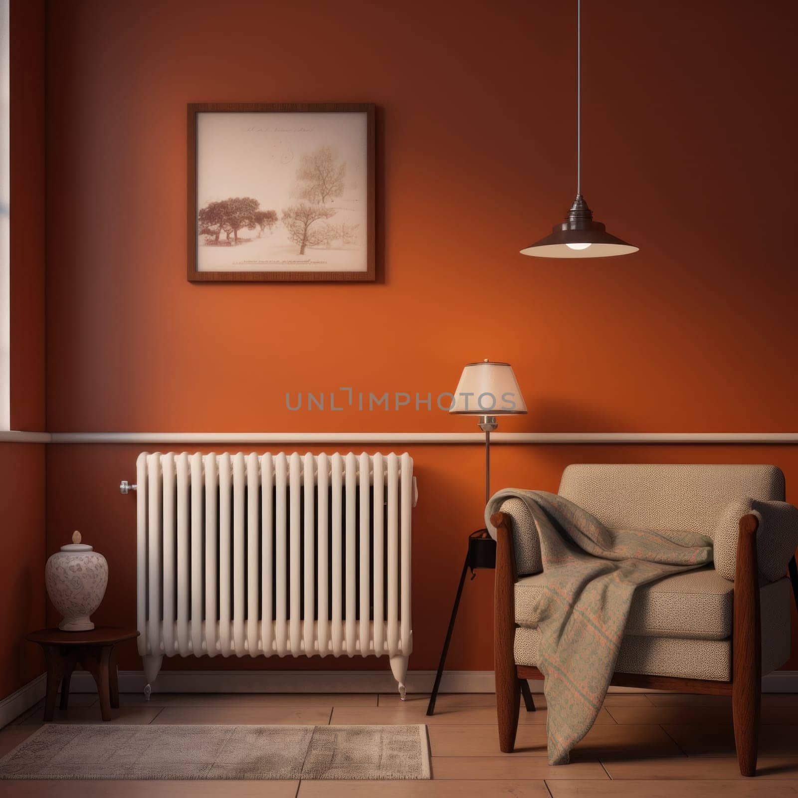 White metal heating radiator installed near the orange wall inside the room.Modern radiator in the central heating system.House heating