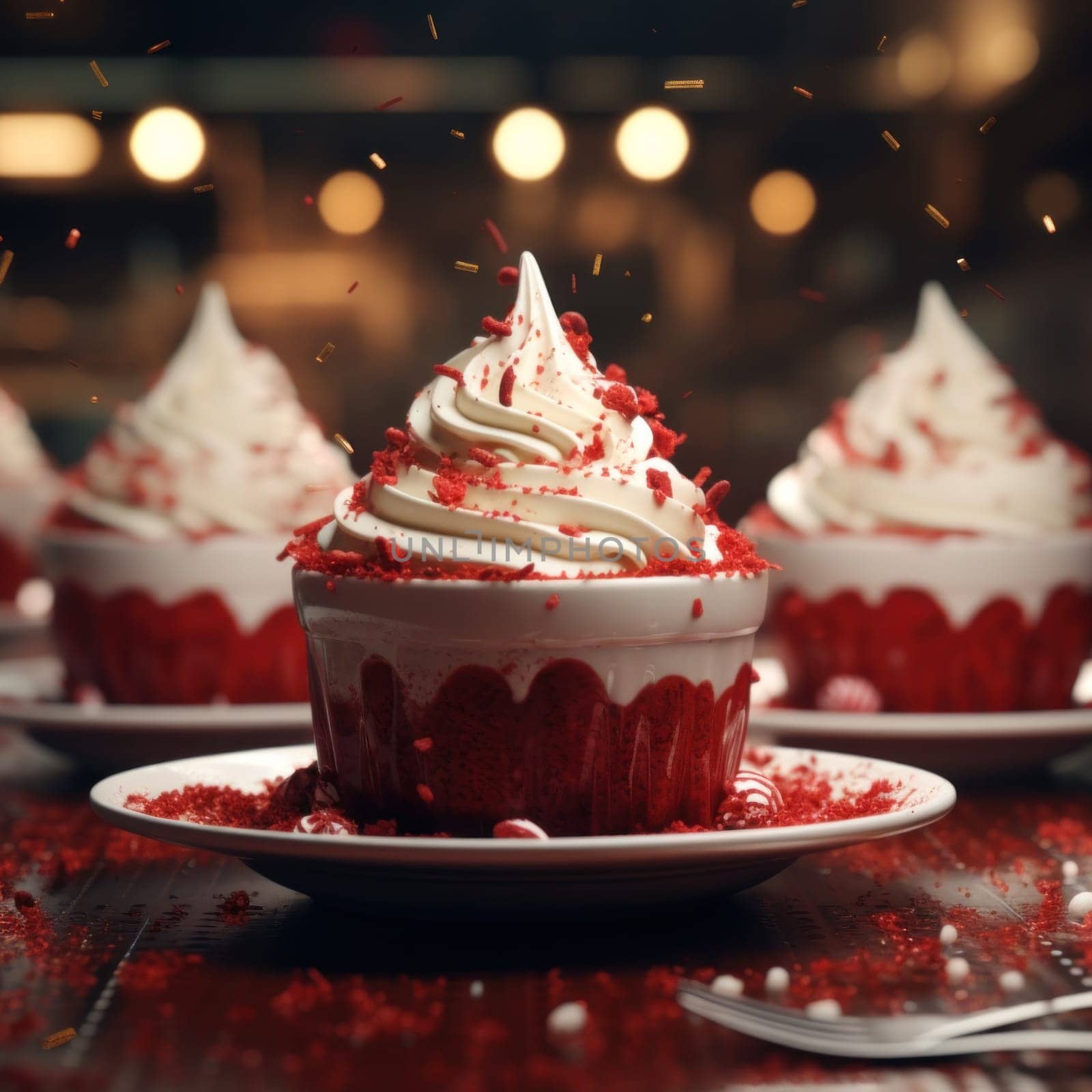 raspberry-strawberry dessert with whipped cream, cream and sprinkles. served in a transparent bowl
