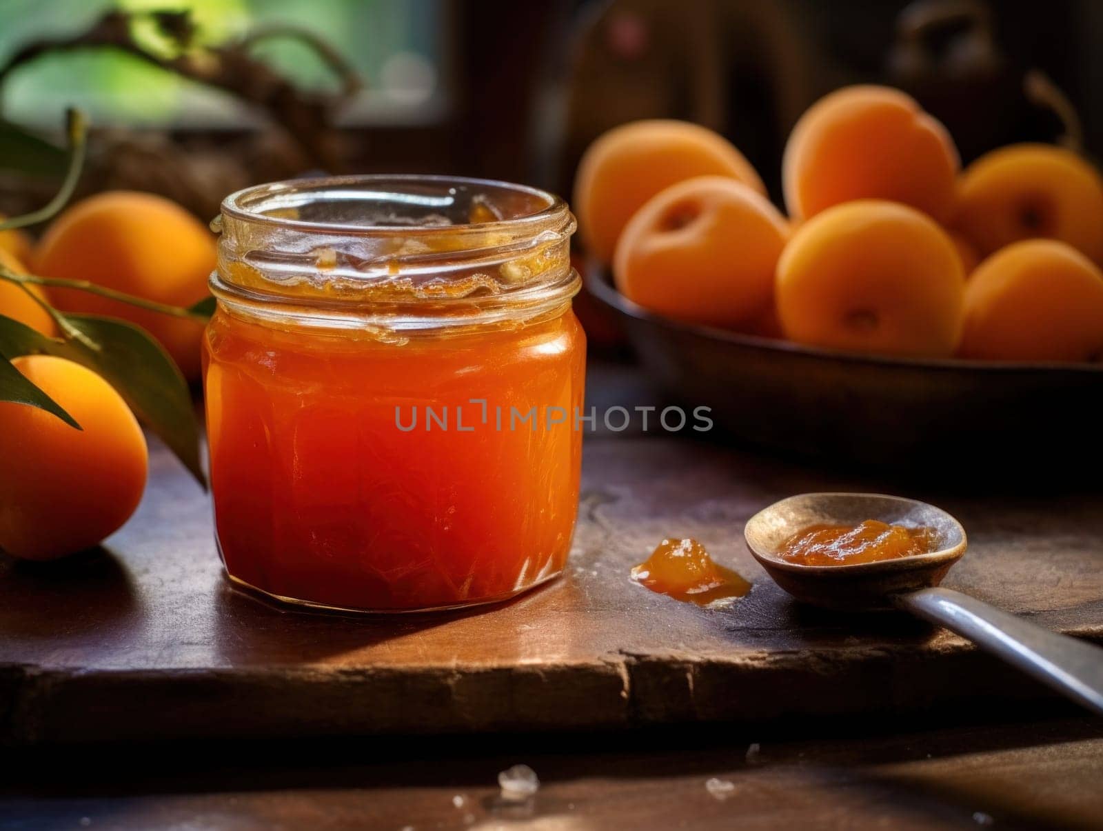 A Jar Of Apricot Jam On A Wooden Background.