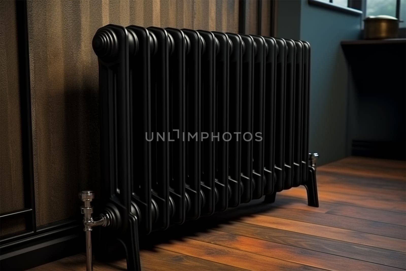 black metal heating radiator installed near the wooden wall inside the room.Modern radiator in the central heating system.House heating