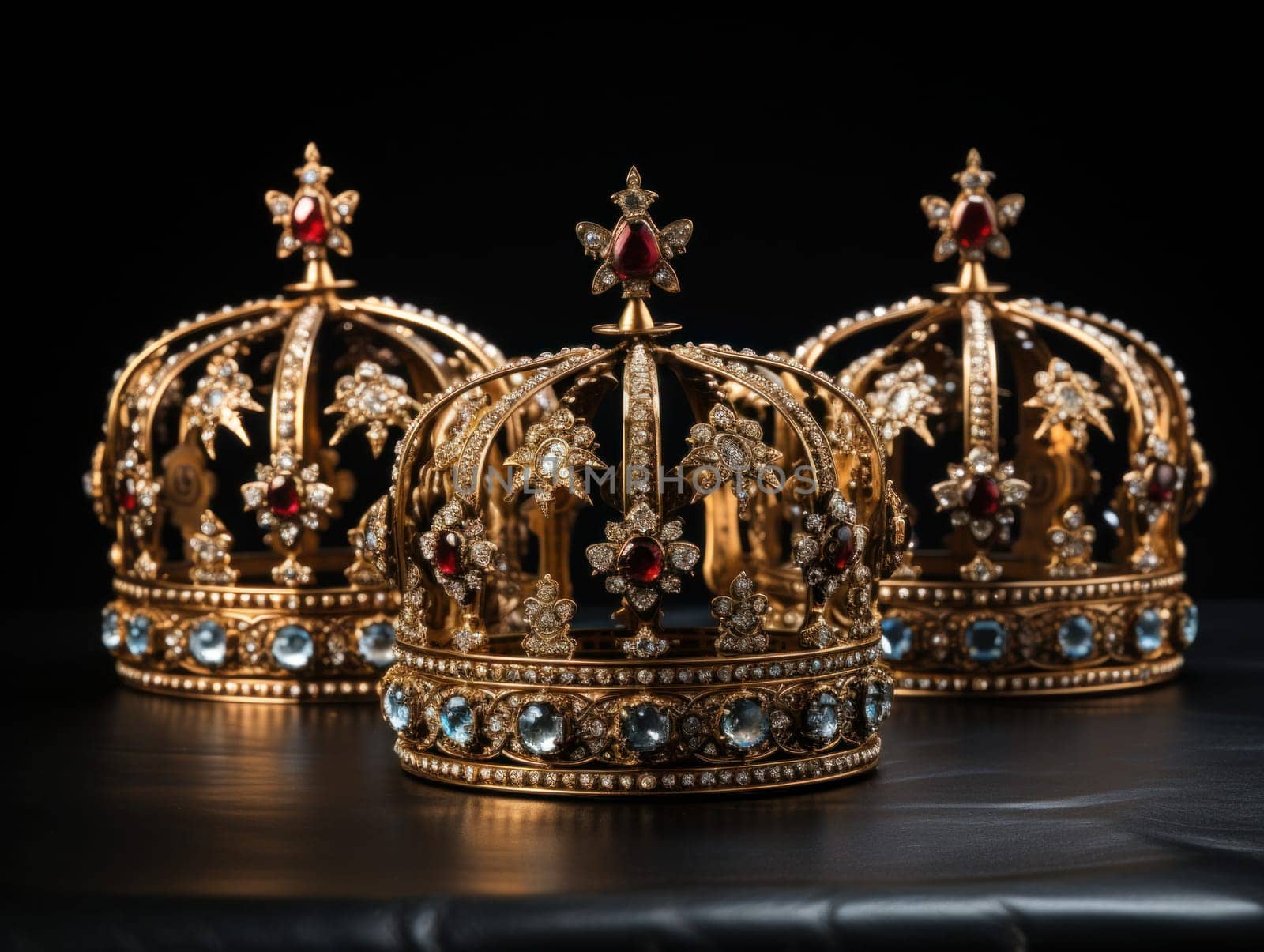 three golden royal crowns with precious stones.Crown for the king.Generative AI