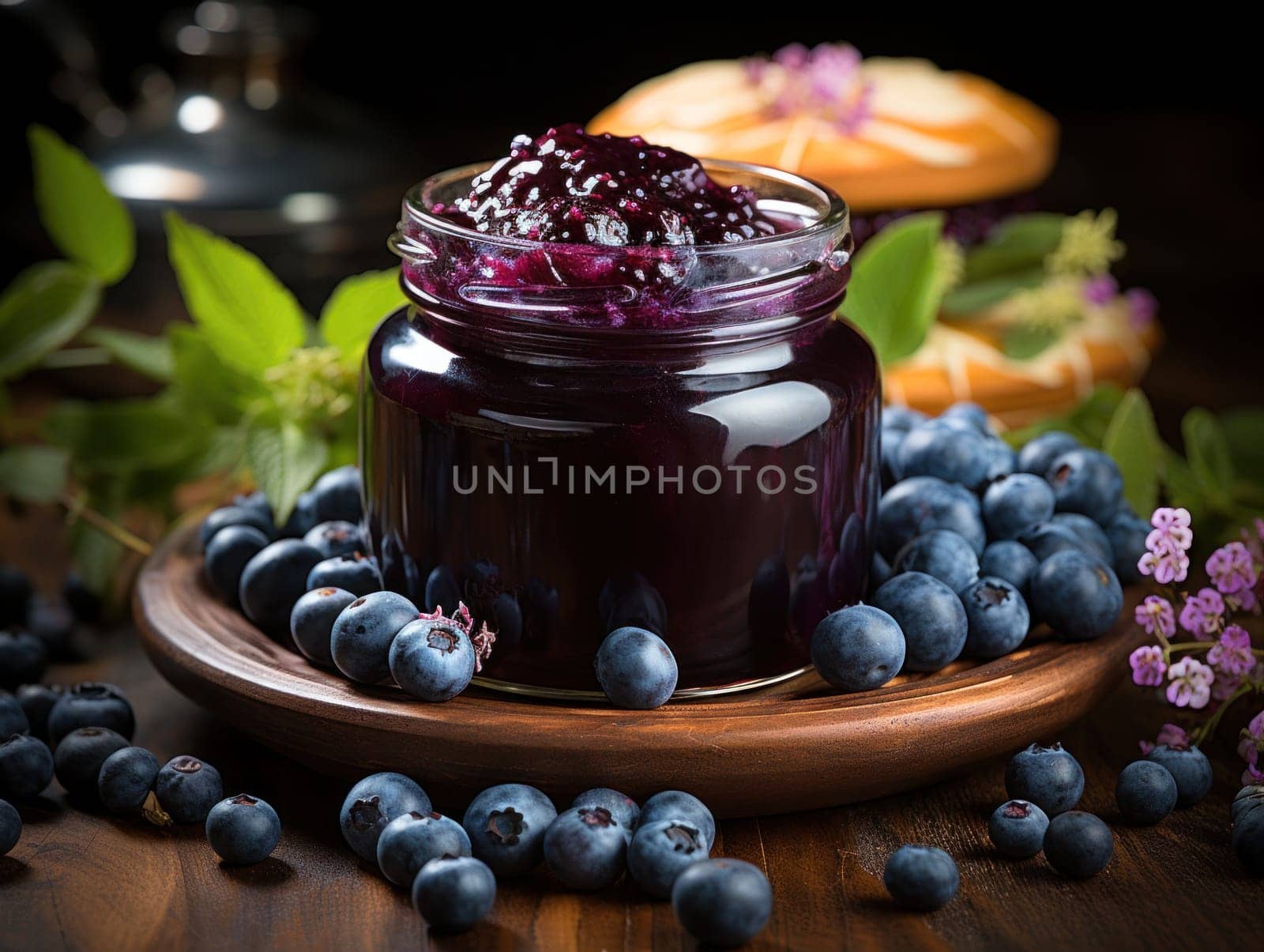 Blueberry jam and fresh blueberries on a wooden background.