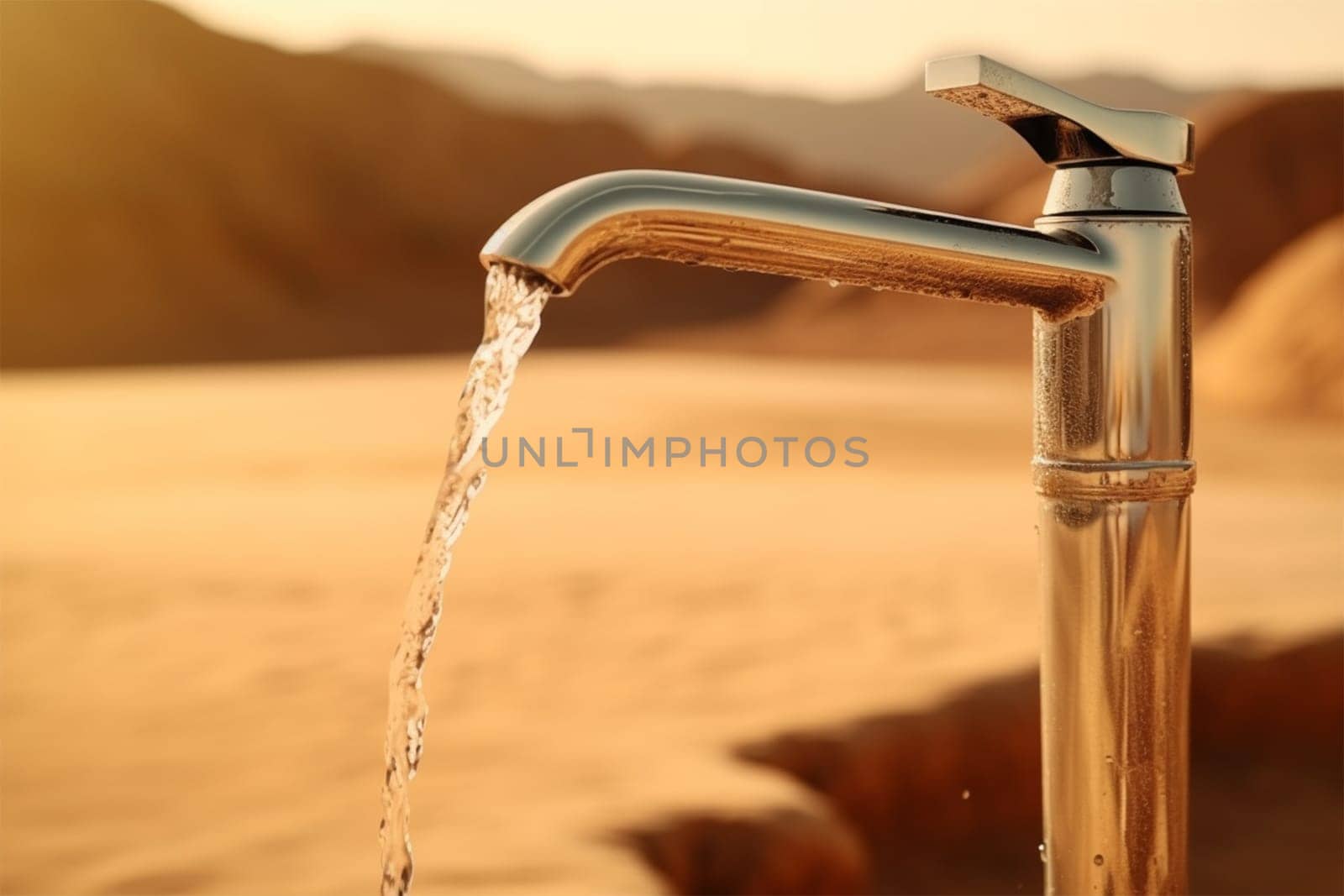 clean drinking water flows from a golden tap into the sand in the desert. planetary concept of global warming, water shortage and drought