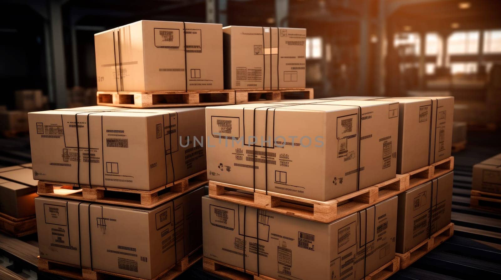 Boxes on pallet in the warehouse.Transportation system concept, heap of cardboard boxes in middle of the warehouse. Warehouse with cardboard boxes inside on pallets racks.AI generated