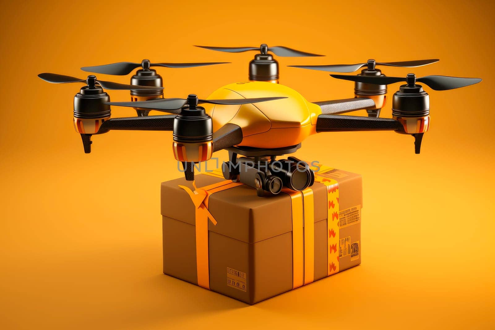Online contactless drone delivery service. Safe fast delivery, autonomous logistics. UAV quadcopter drone delivering package box. AI generated