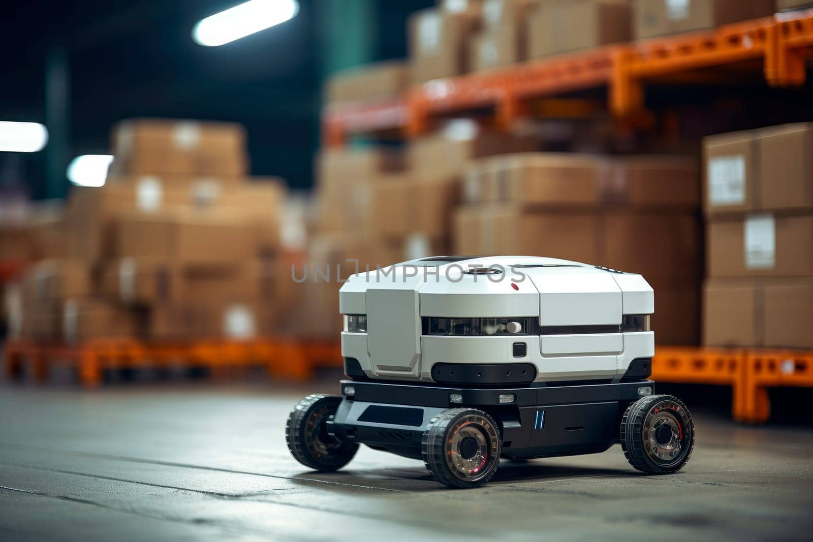 Mobile smart robot with four wheels in industrial warehouse. Robot on wheels for logistics management. AI generated