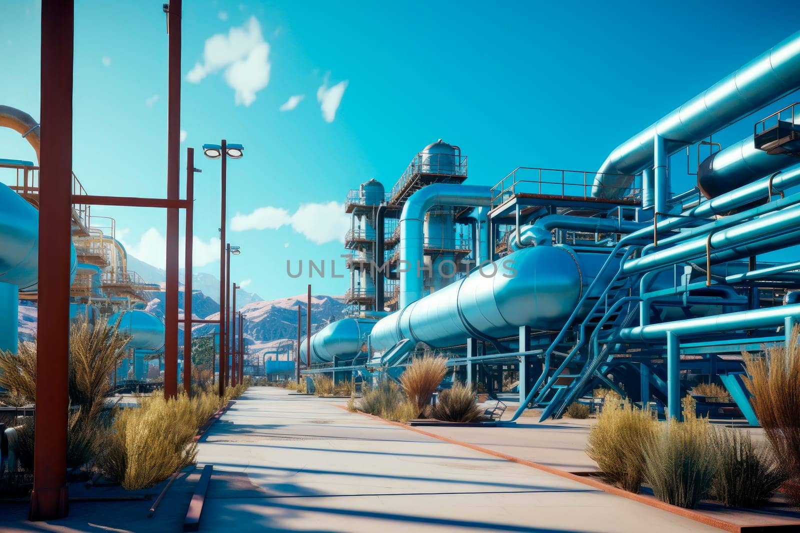 Industrial zone. The equipment of oil refining. Concept supplying propane to factory. Supply of production with energy resources. AI generated