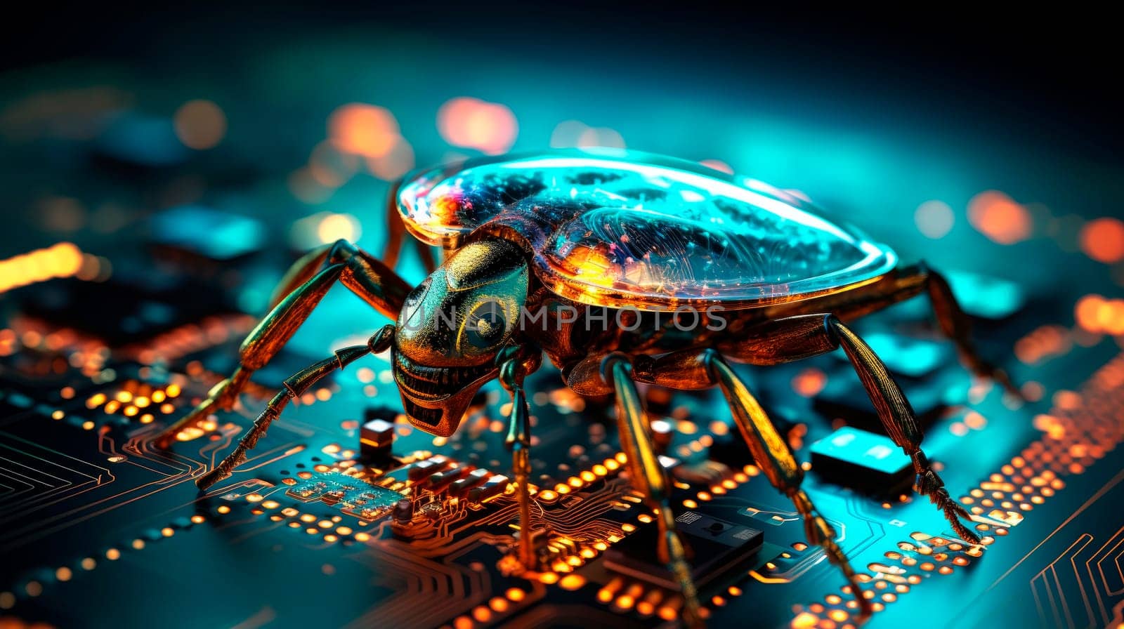 Close-up of computer circuit board with a bug crawling over it. Software security concept. Errors in the program. Bugs in the program.AI generated